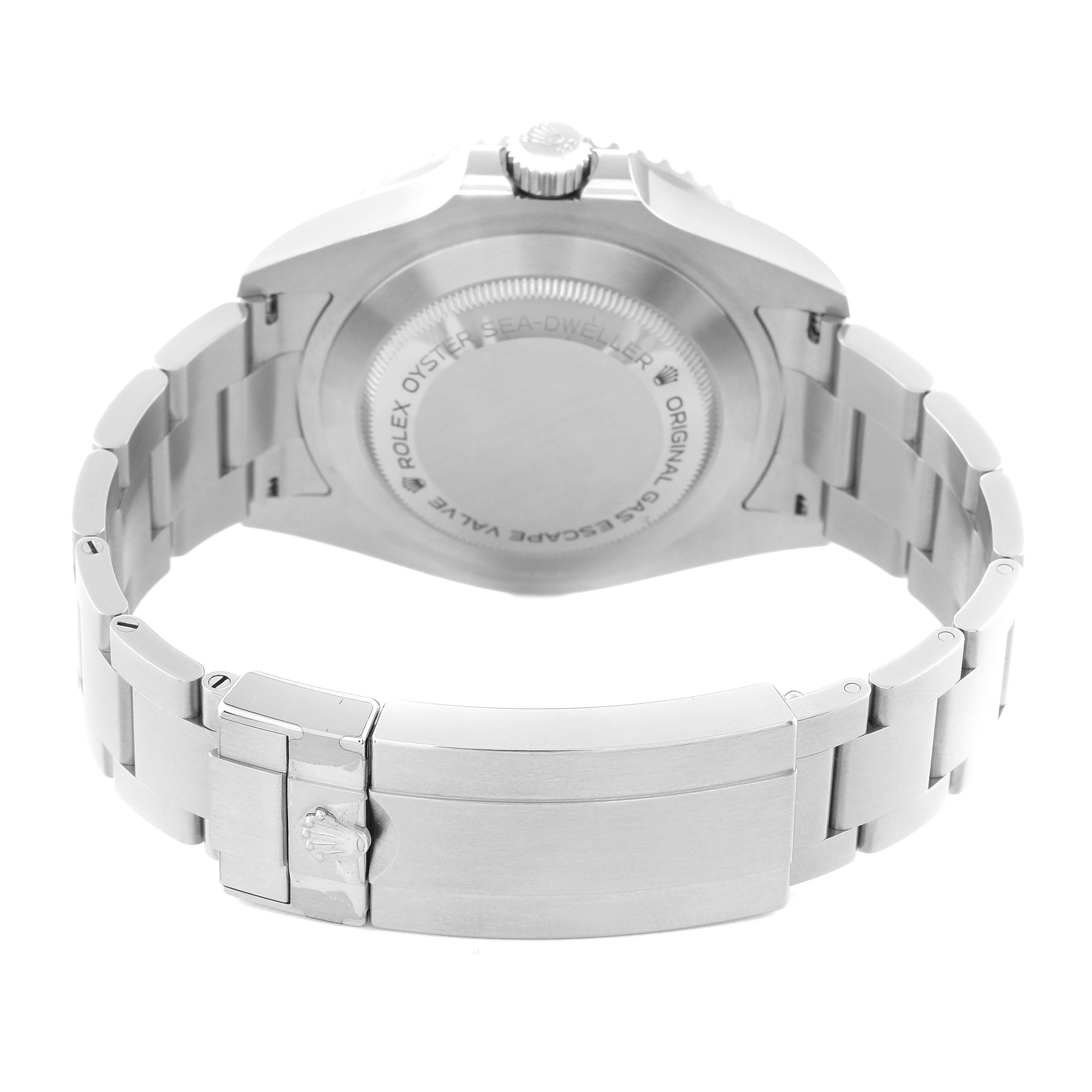 The image shows the back view of the Rolex Sea-Dweller 126600 Men
s Stainless Steel Black Dial 126600 Men
s Stainless Steel Black Dial watch, highlighting the case back and bracelet clasp.
