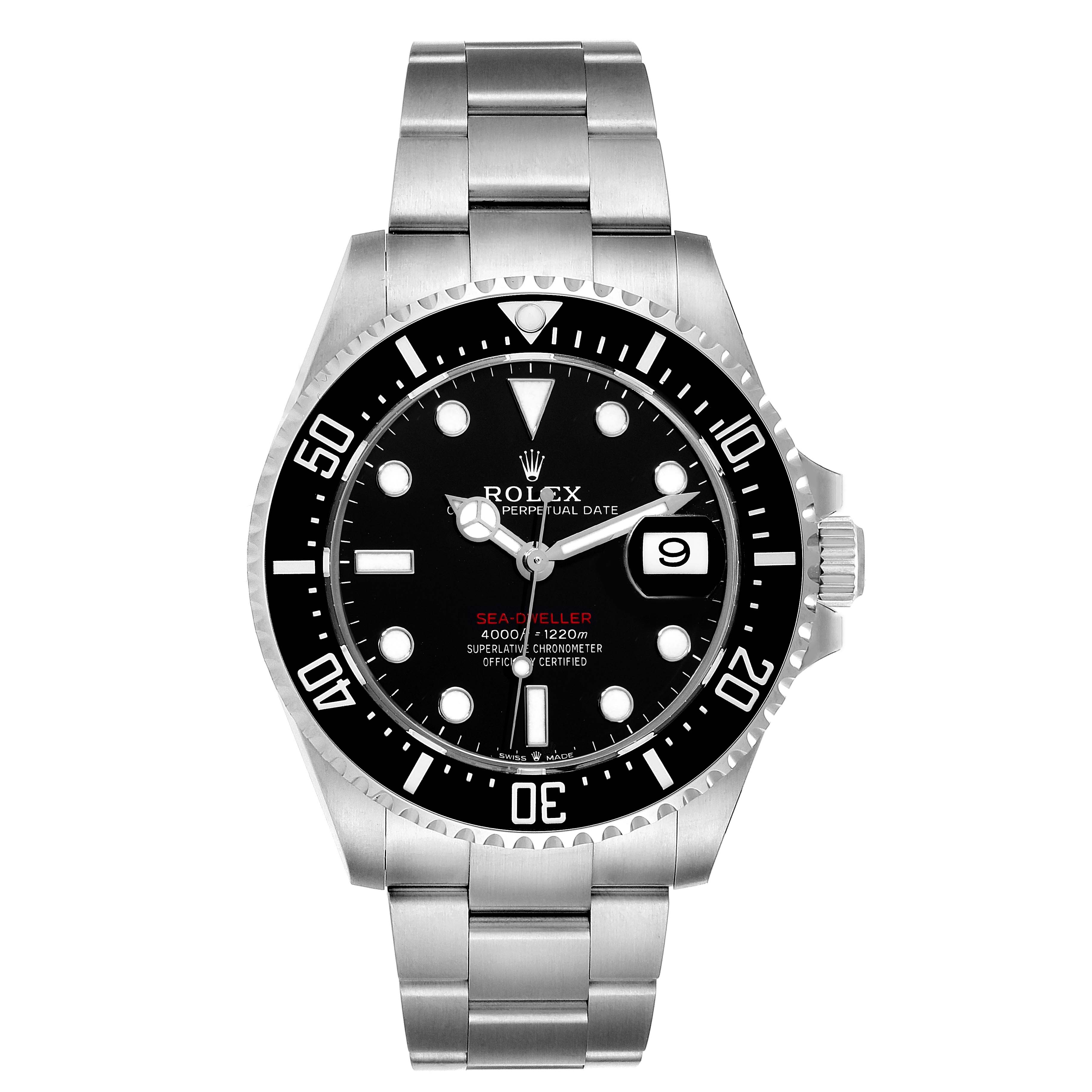 The image shows a frontal view of the Rolex Sea-Dweller 126600 Men
s Stainless Steel Black Dial 126600 Men
s Stainless Steel Black Dial watch, highlighting its dial, bezel, and bracelet.