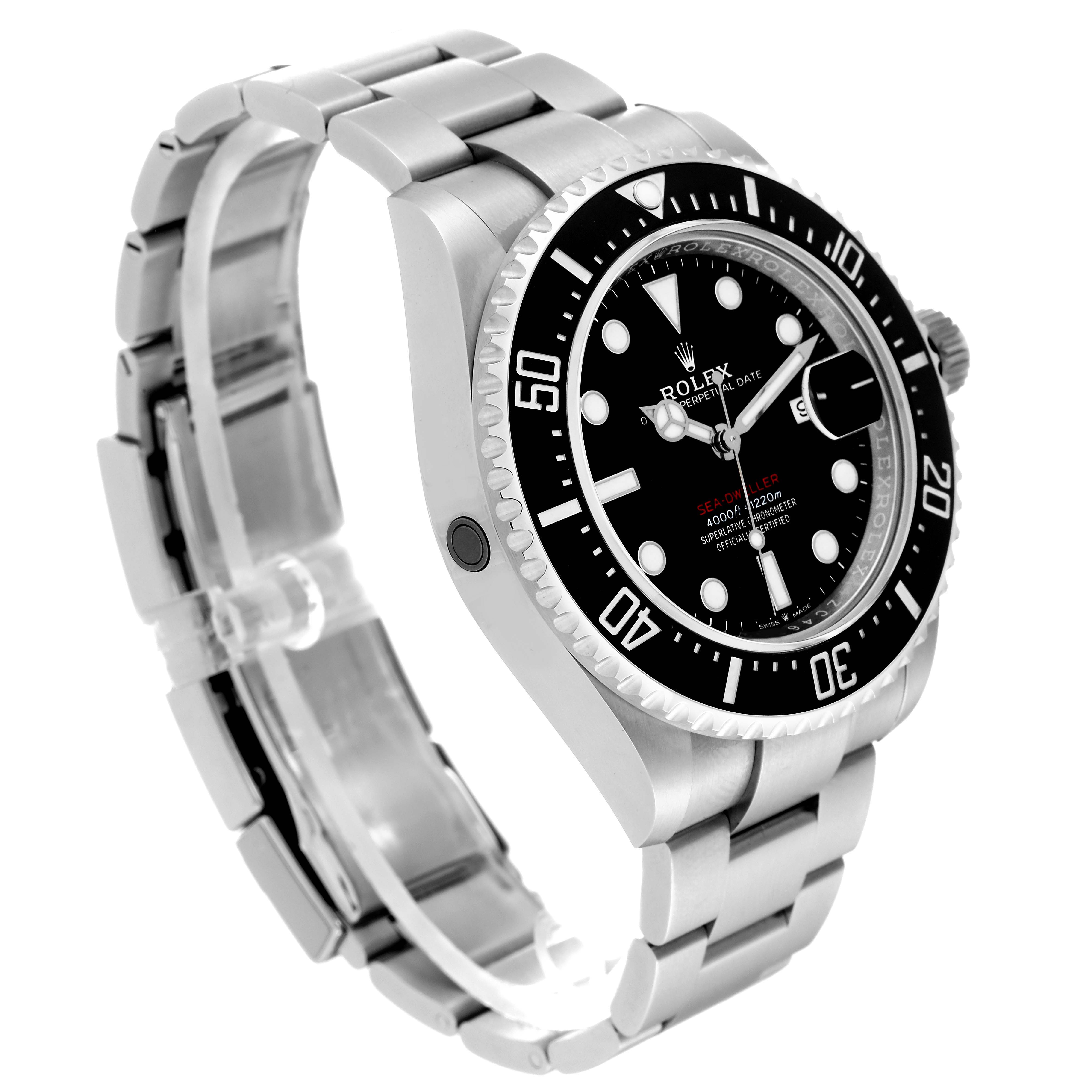 The Rolex Sea-Dweller 126600 Men
s Stainless Steel Black Dial 126600 Men
s Stainless Steel Black Dial watch is shown at a three-quarter angle displaying the face, bezel, and stainless steel bracelet.