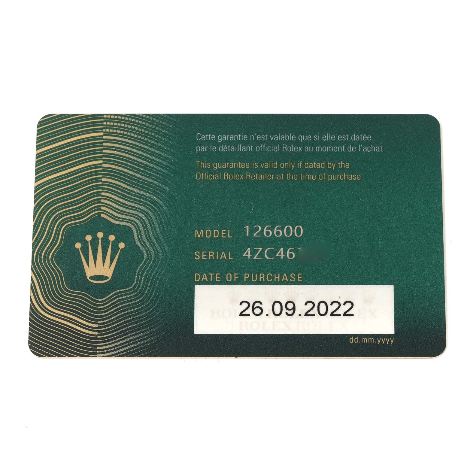 This image shows the warranty card for the Rolex Sea-Dweller 126600 Men
s Stainless Steel Black Dial 126600 Men
s Stainless Steel Black Dial model 126600.