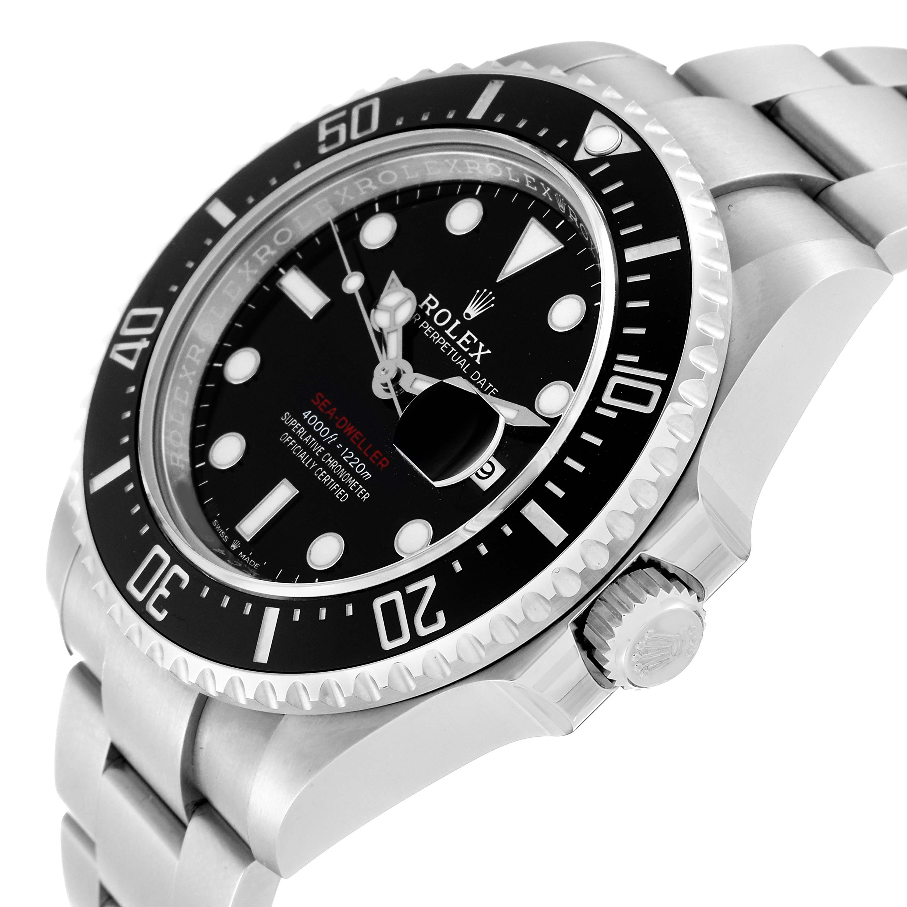 The image shows a close-up, side angle of the Rolex Sea-Dweller 126600 Men
s Stainless Steel Black Dial 126600 Men
s Stainless Steel Black Dial watch, highlighting the bezel, dial, crown, and part of the bracelet.