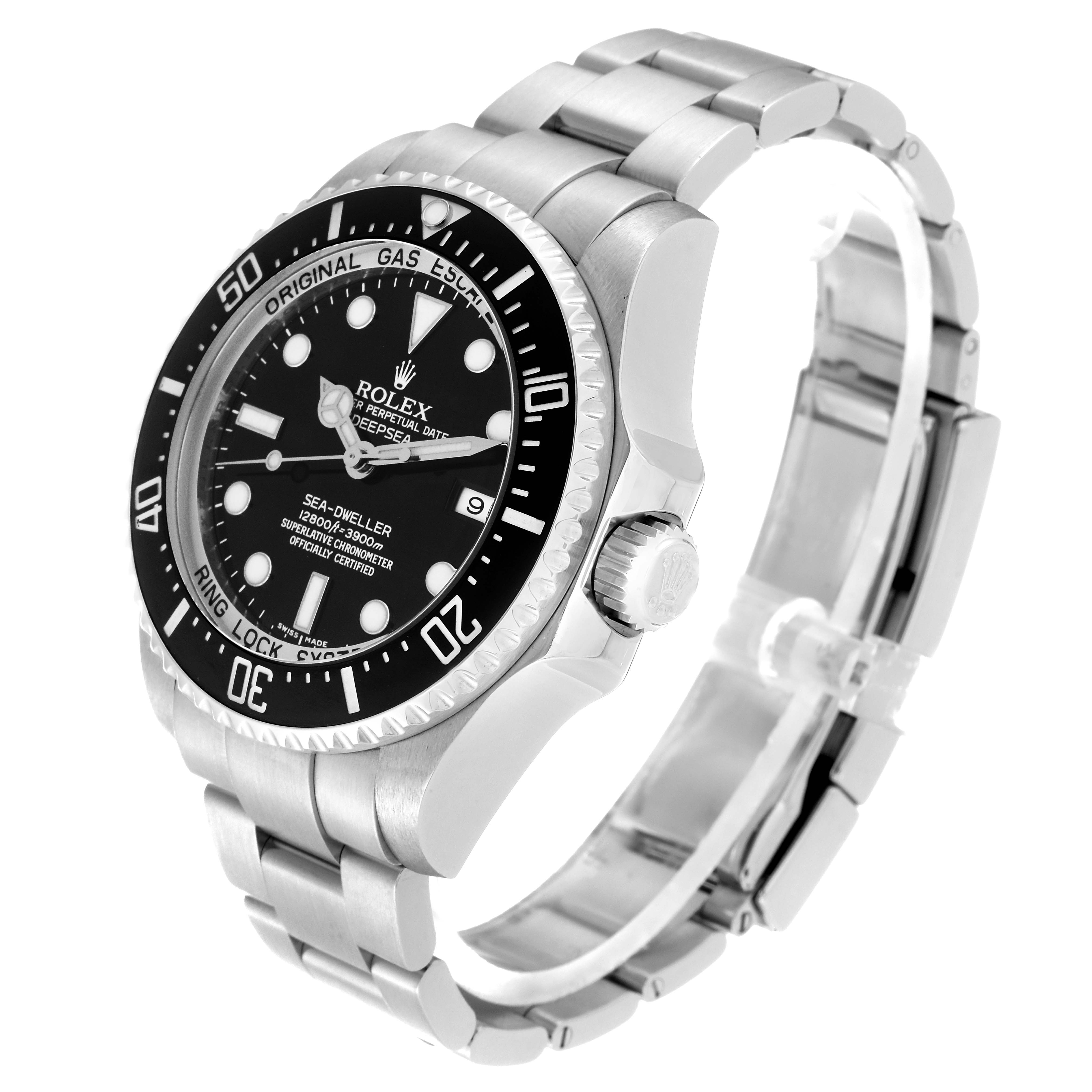 The Rolex Sea-Dweller 116660 Men
s Stainless Steel Black Dial 116660 Men
s Stainless Steel Black Dial watch is shown at an angle highlighting the dial, bezel, crown, and bracelet.