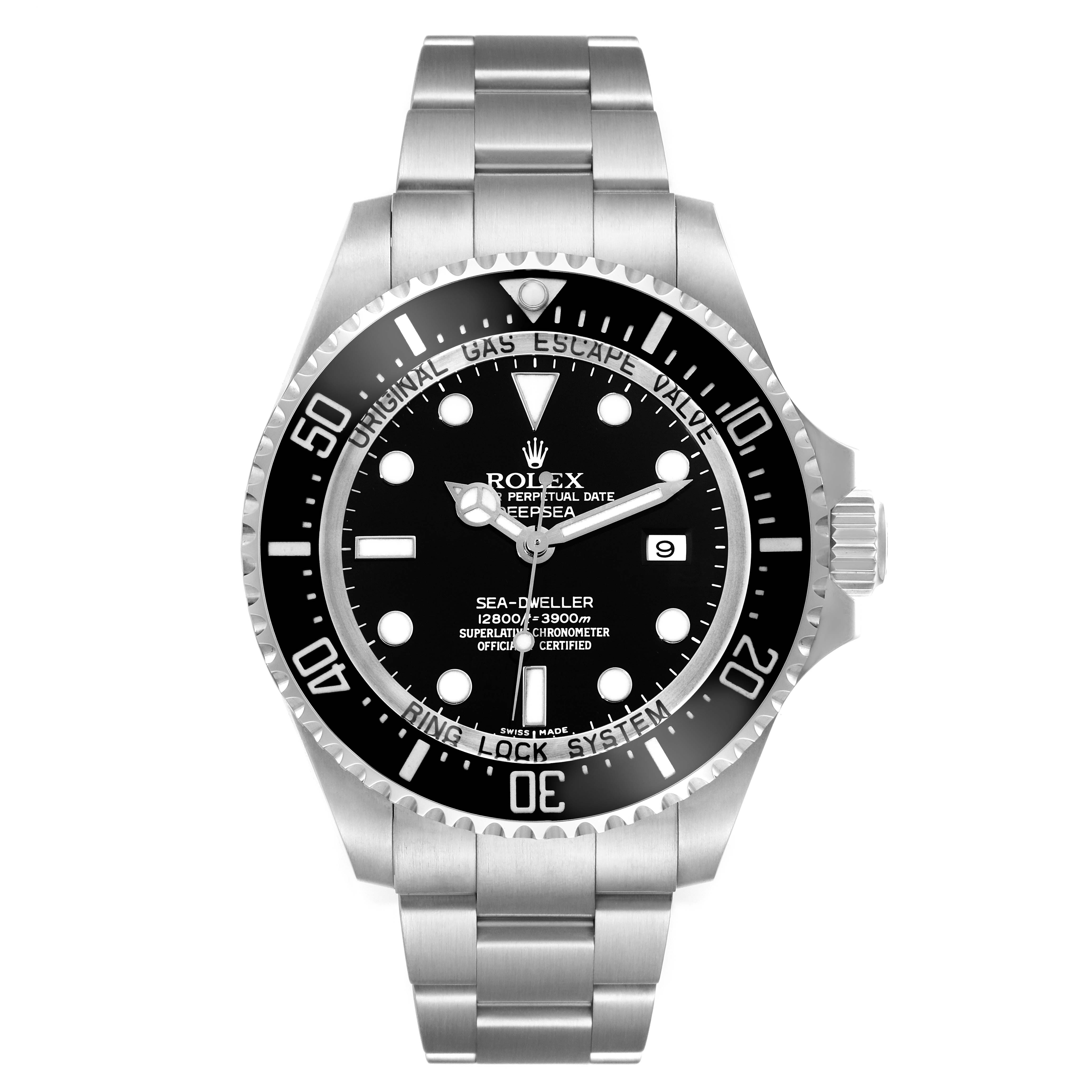 This image shows a front view of a Rolex Sea-Dweller 116660 Men
s Stainless Steel Black Dial 116660 Men
s Stainless Steel Black Dial watch, displaying the black dial, bezel, and stainless steel bracelet.