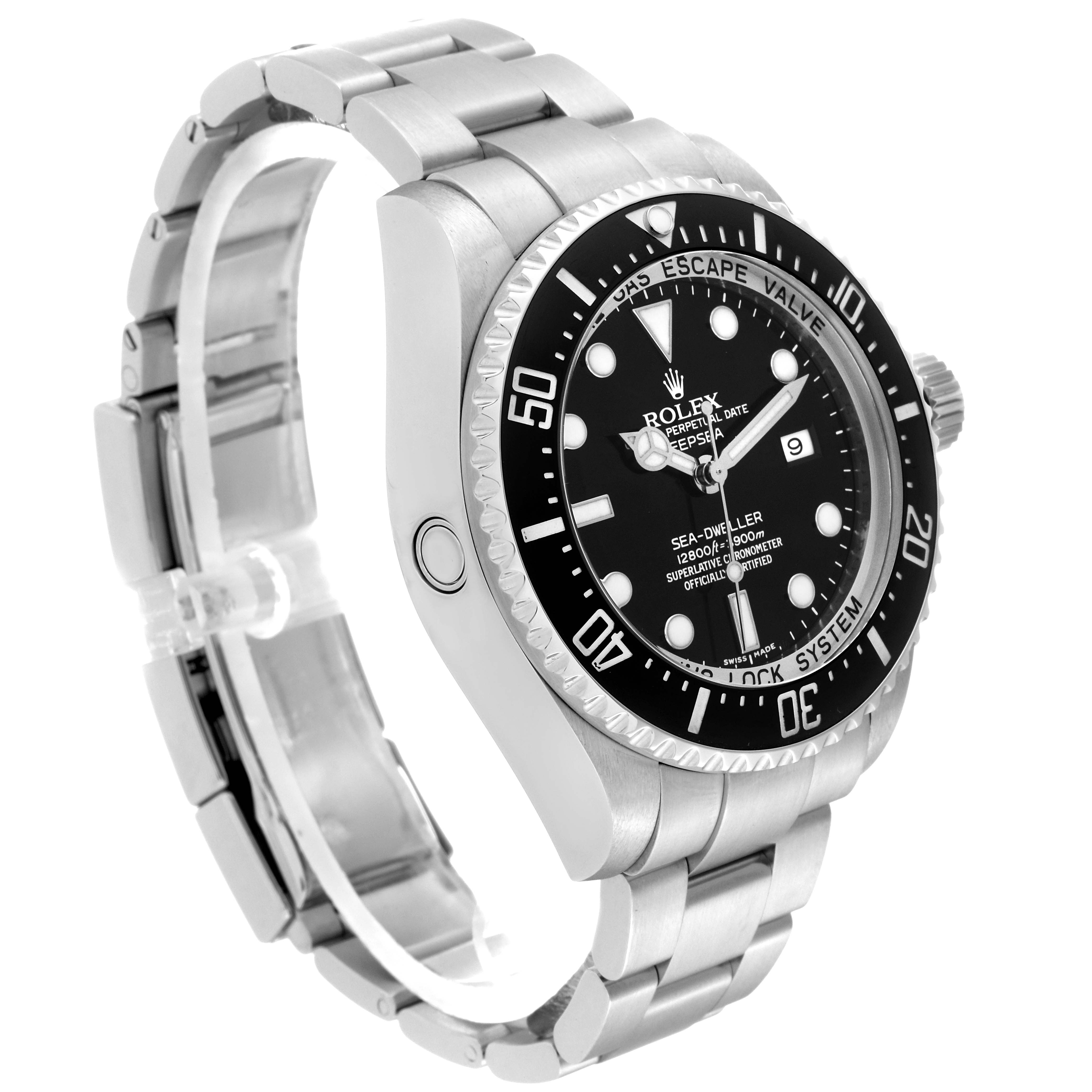 The Rolex Sea-Dweller 116660 Men
s Stainless Steel Black Dial 116660 Men
s Stainless Steel Black Dial watch is shown at a side angle, highlighting the bezel, dial, and bracelet.