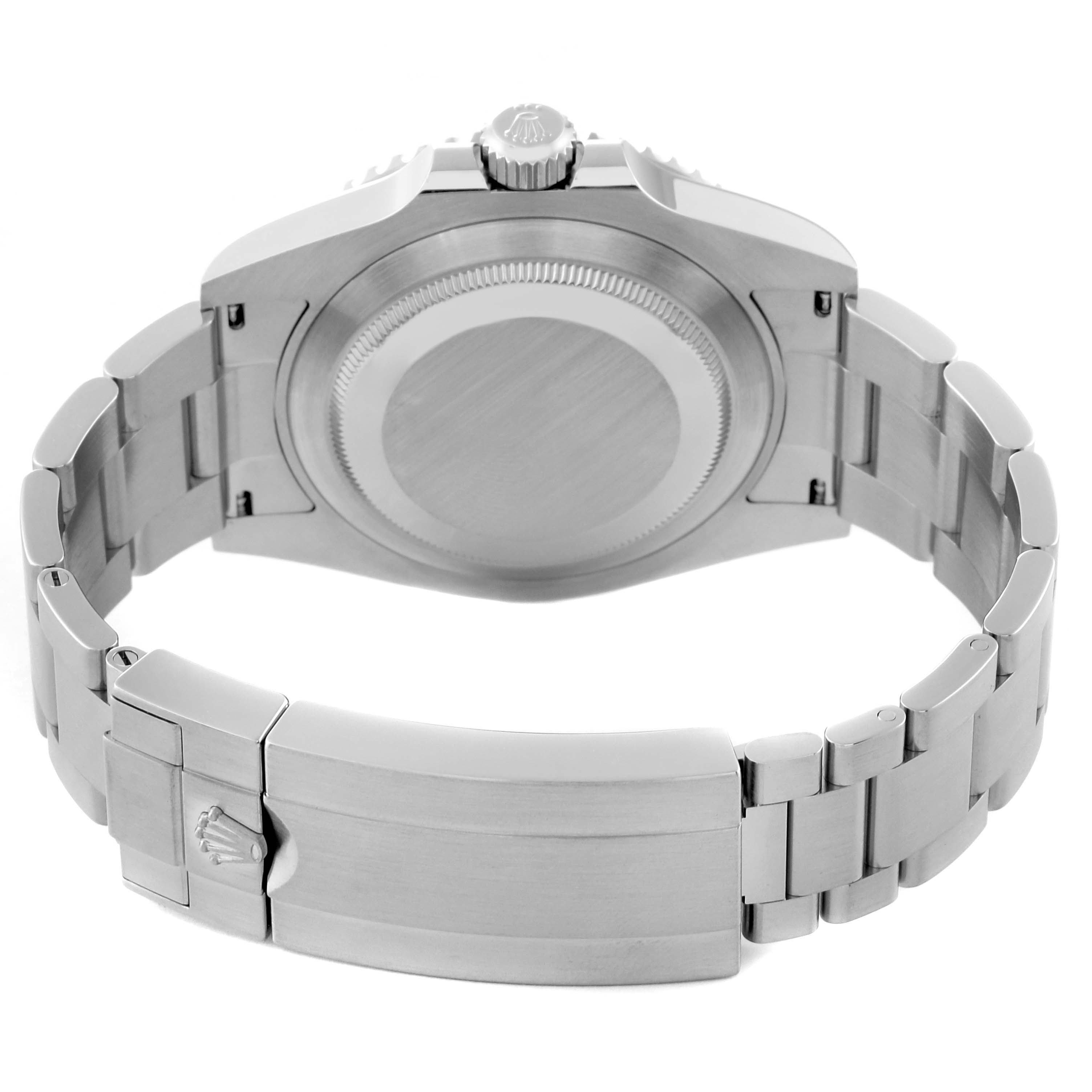 The image shows the back of a Rolex Submariner 126610 Men
s Stainless Steel Black Dial 126610 Men
s Stainless Steel Black Dial watch, focusing on the case back and the metal bracelet with clasp.