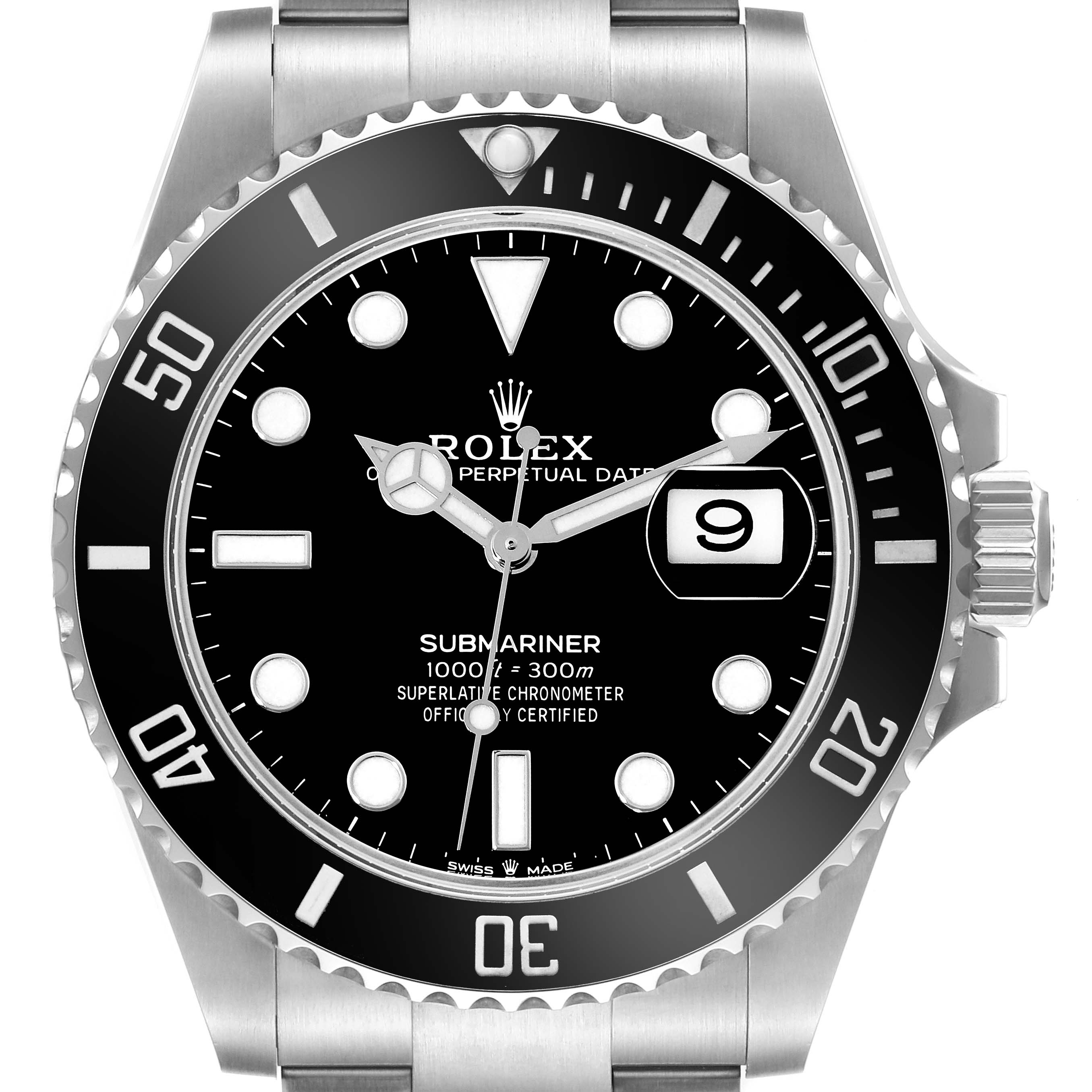 The image shows a frontal view of the Rolex Submariner 126610 Men
s Stainless Steel Black Dial 126610 Men
s Stainless Steel Black Dial watch, highlighting its black dial, bezel, and date display.