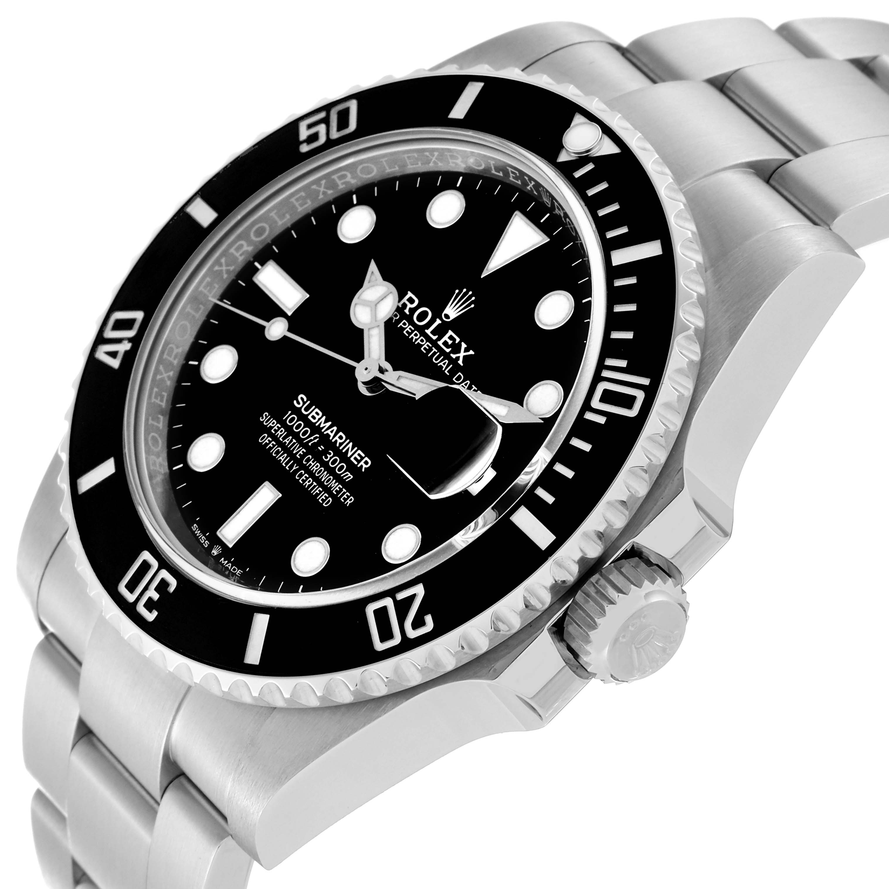 The image shows a Rolex Submariner 126610 Men
s Stainless Steel Black Dial 126610 Men
s Stainless Steel Black Dial watch at an angle highlighting the face, the bezel, and part of the bracelet.