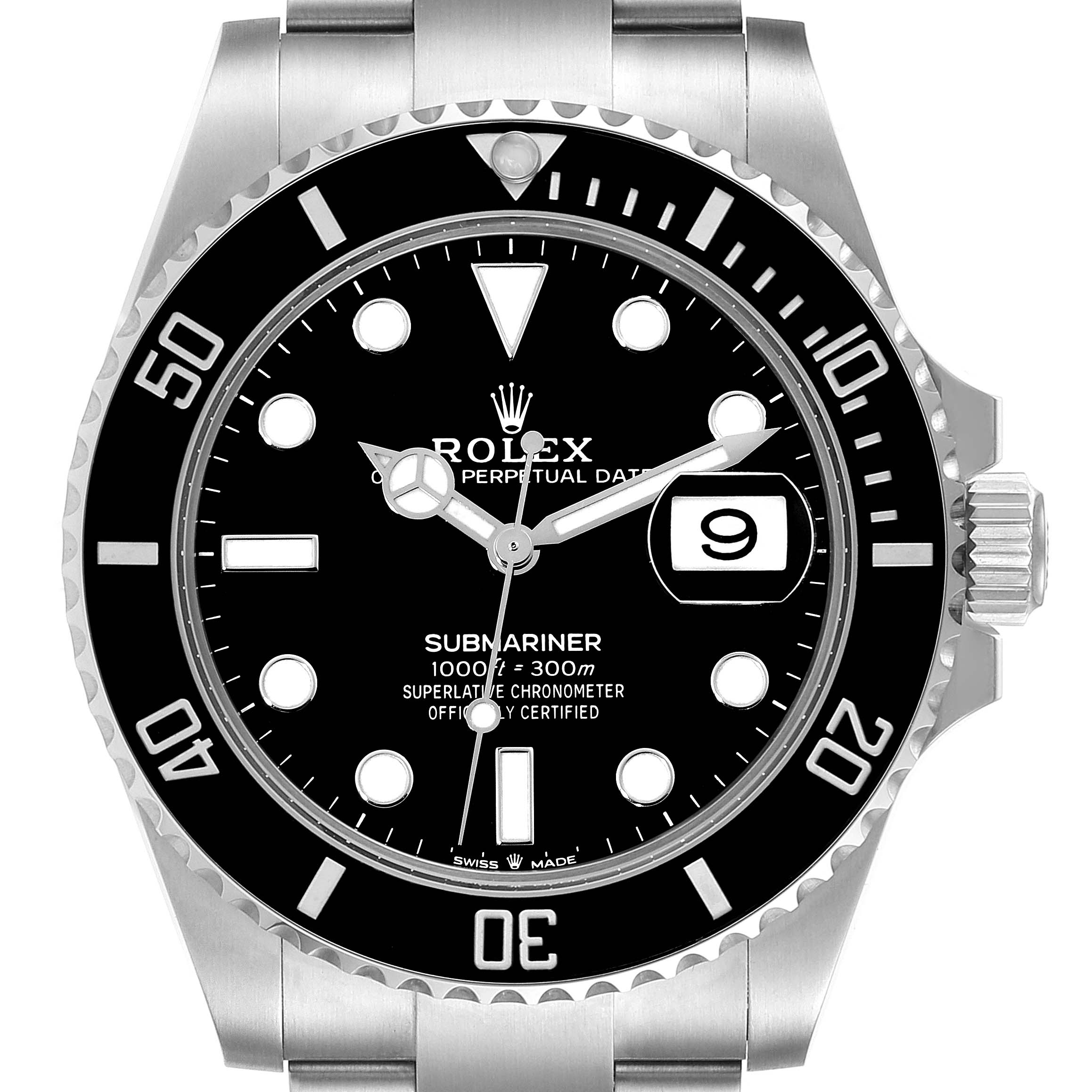 This image shows a front view of a Rolex Submariner 126610 Men
s Stainless Steel Black Dial 126610 Men
s Stainless Steel Black Dial watch, highlighting its dial, bezel, crown, and bracelet.