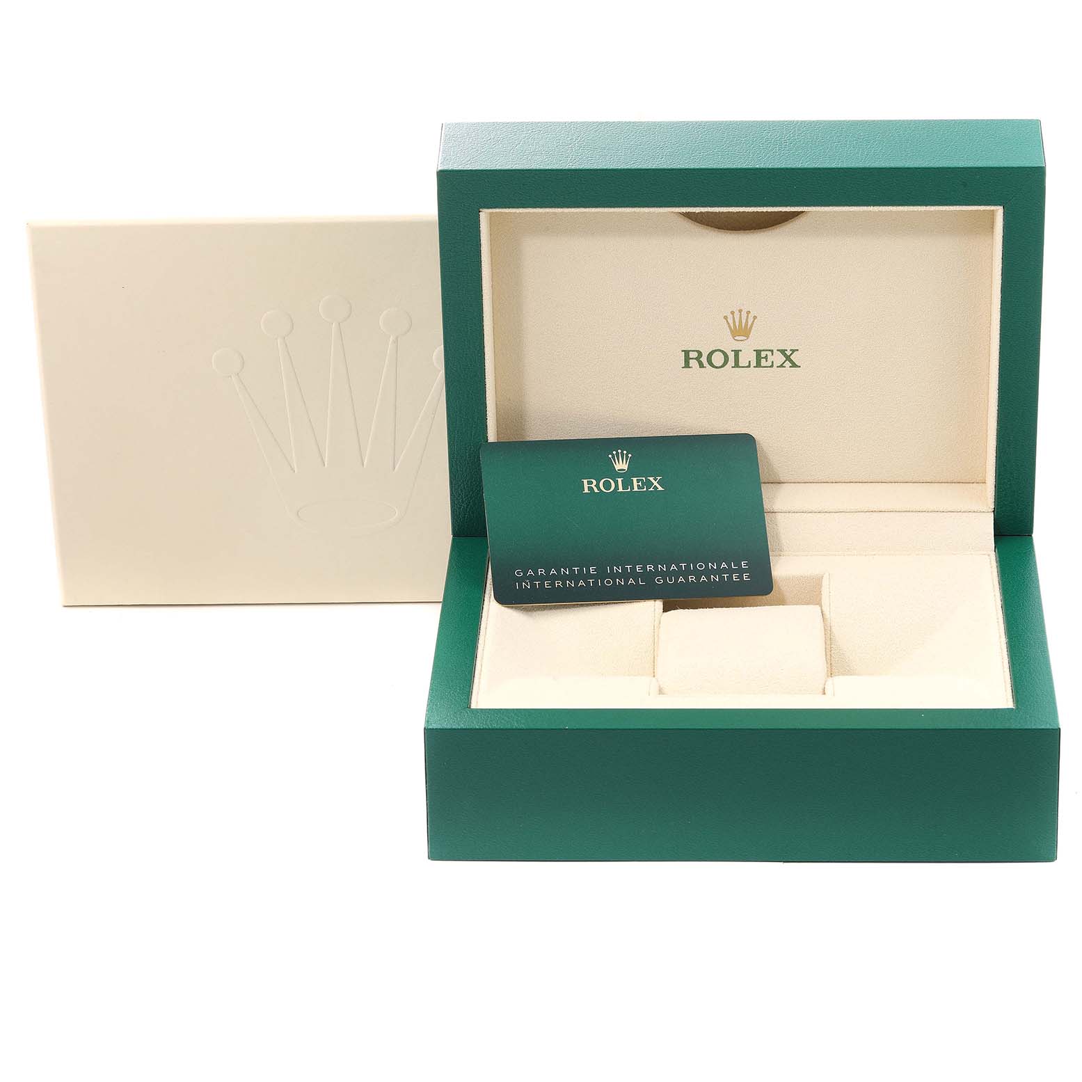 The image shows an open box and international guarantee card for a Rolex Submariner 126610 Men
s Stainless Steel Black Dial 126610 Men
s Stainless Steel Black Dial watch.