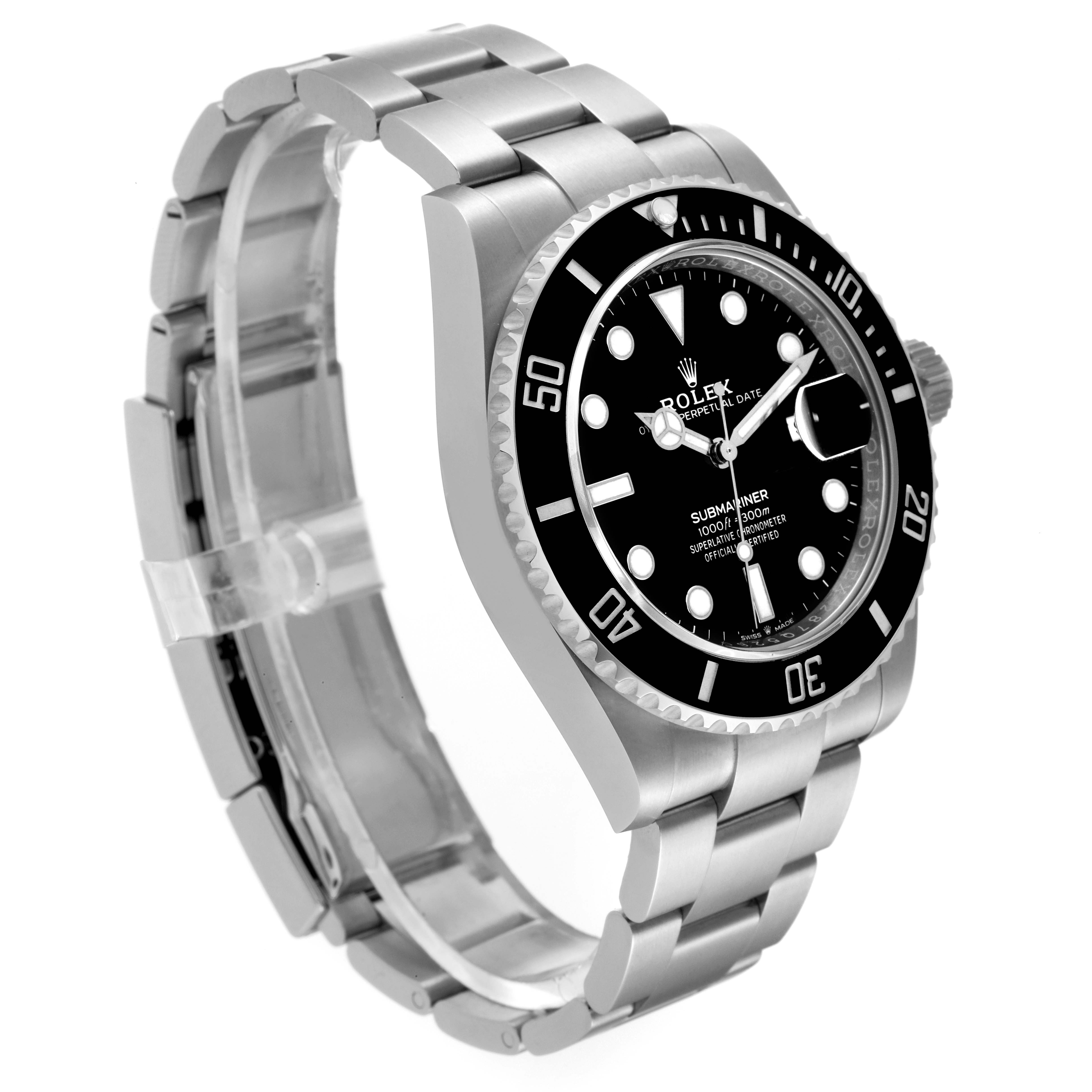 The image shows a side angle of a Rolex Submariner 126610 Men
s Stainless Steel Black Dial 126610 Men
s Stainless Steel Black Dial watch, highlighting the face, bezel, crown, and stainless steel bracelet.