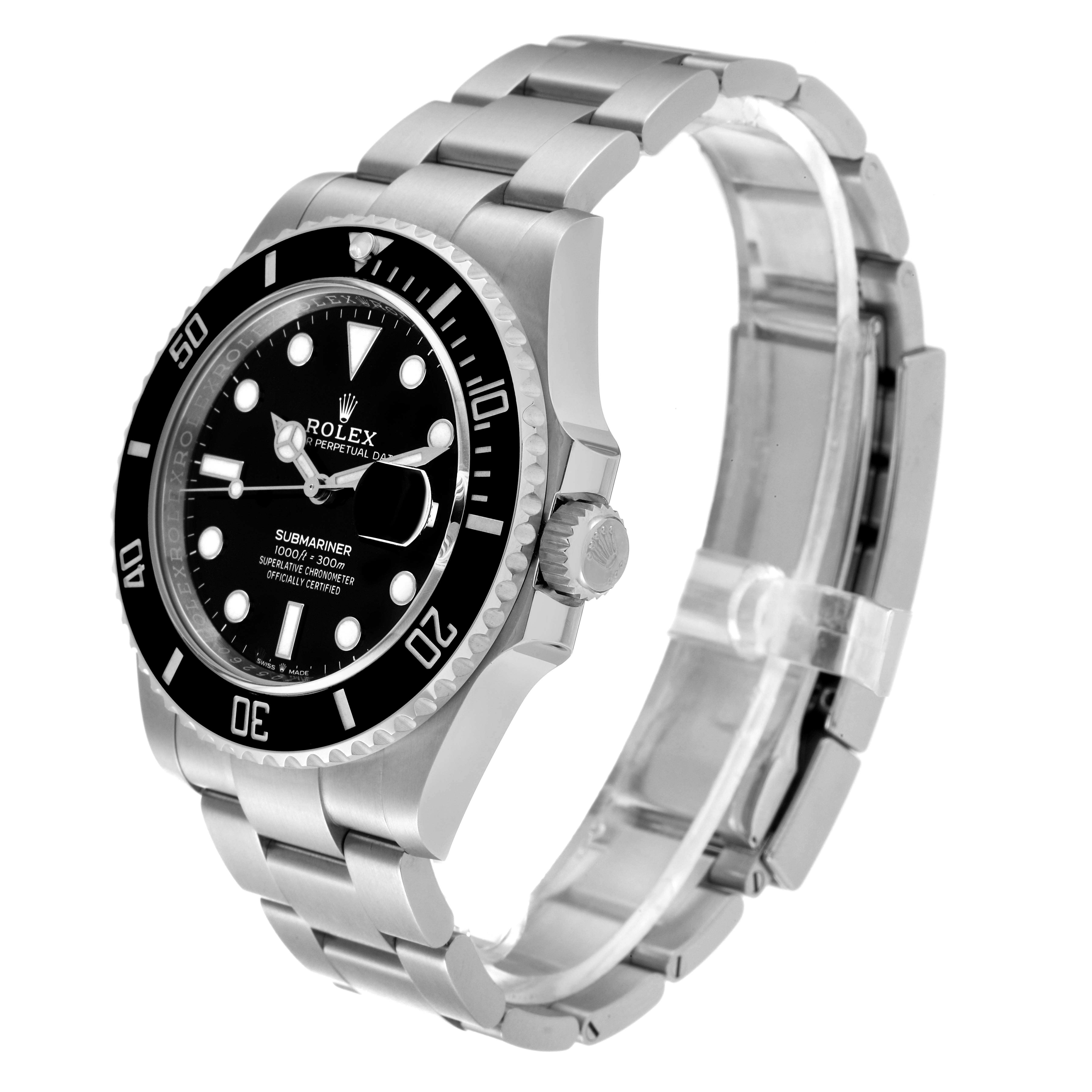 The image shows a side-angle view of a Rolex Submariner 126610 Men
s Stainless Steel Black Dial 126610 Men
s Stainless Steel Black Dial watch, highlighting the dial, bezel, crown, and bracelet.