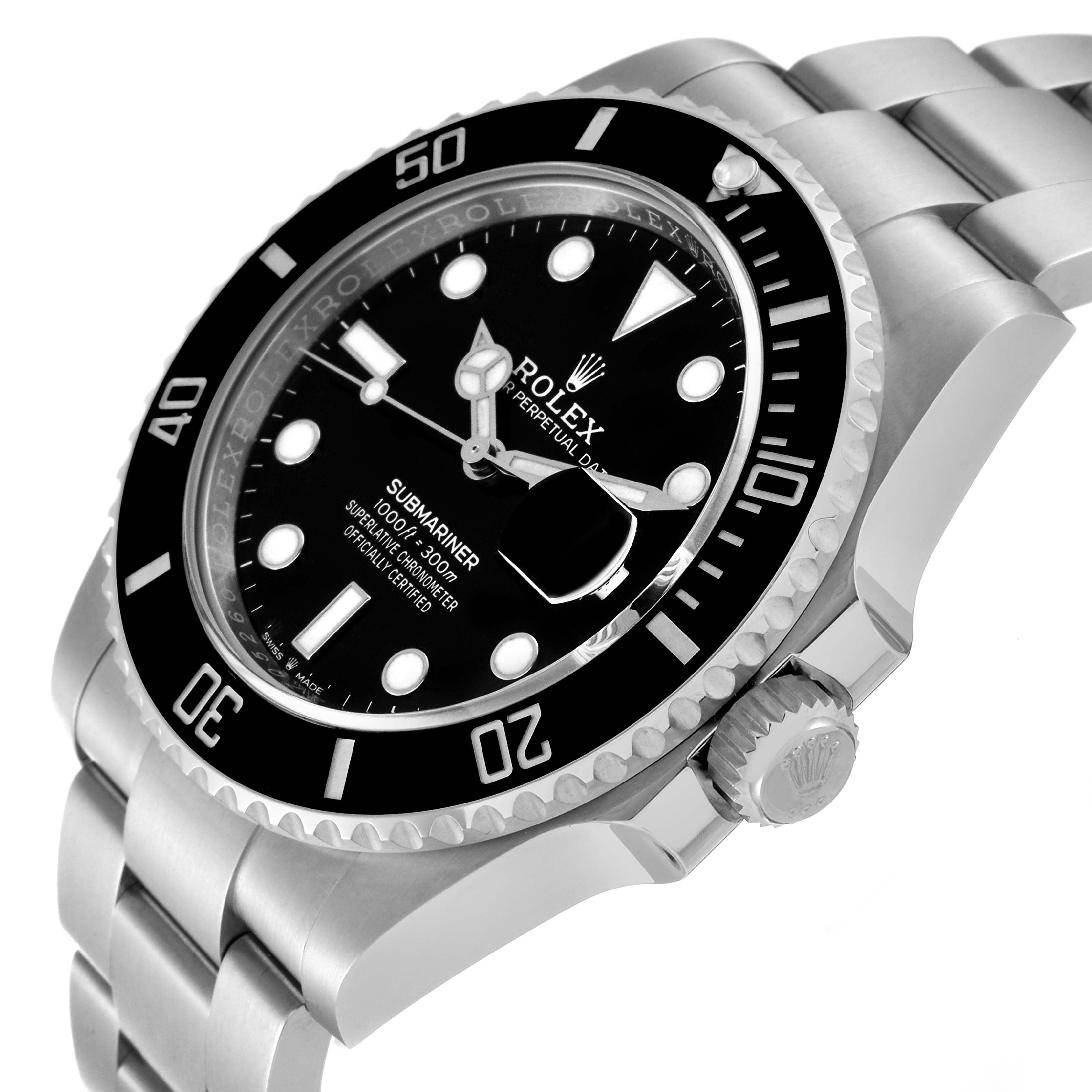 This image shows a Rolex Submariner 126610 Men
s Stainless Steel Black Dial 126610 Men
s Stainless Steel Black Dial watch from a side angle, highlighting the dial, bezel, and crown.