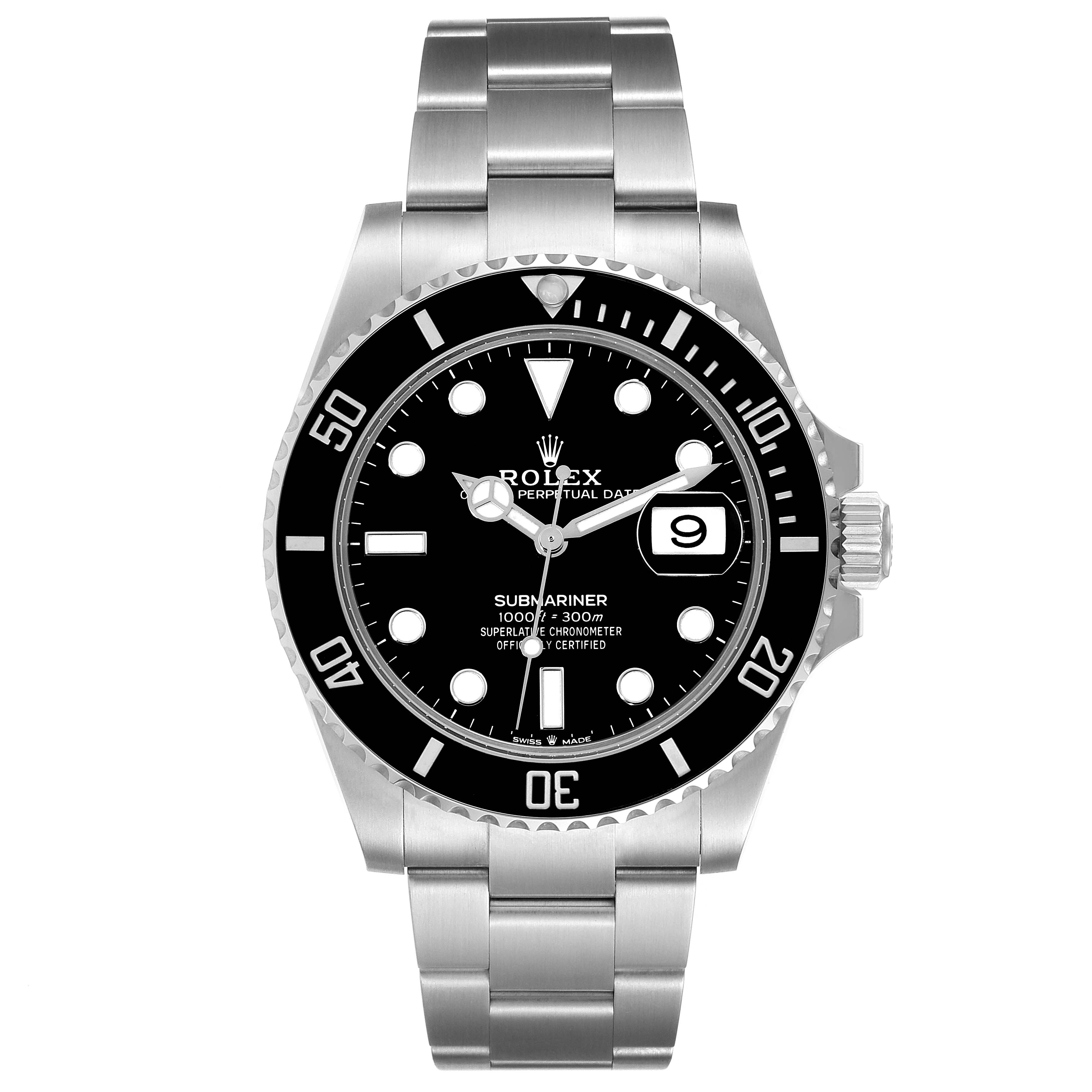 This is a frontal view of a Rolex Submariner 126610 Men
s Stainless Steel Black Dial 126610 Men
s Stainless Steel Black Dial watch showcasing its dial, bezel, and bracelet.