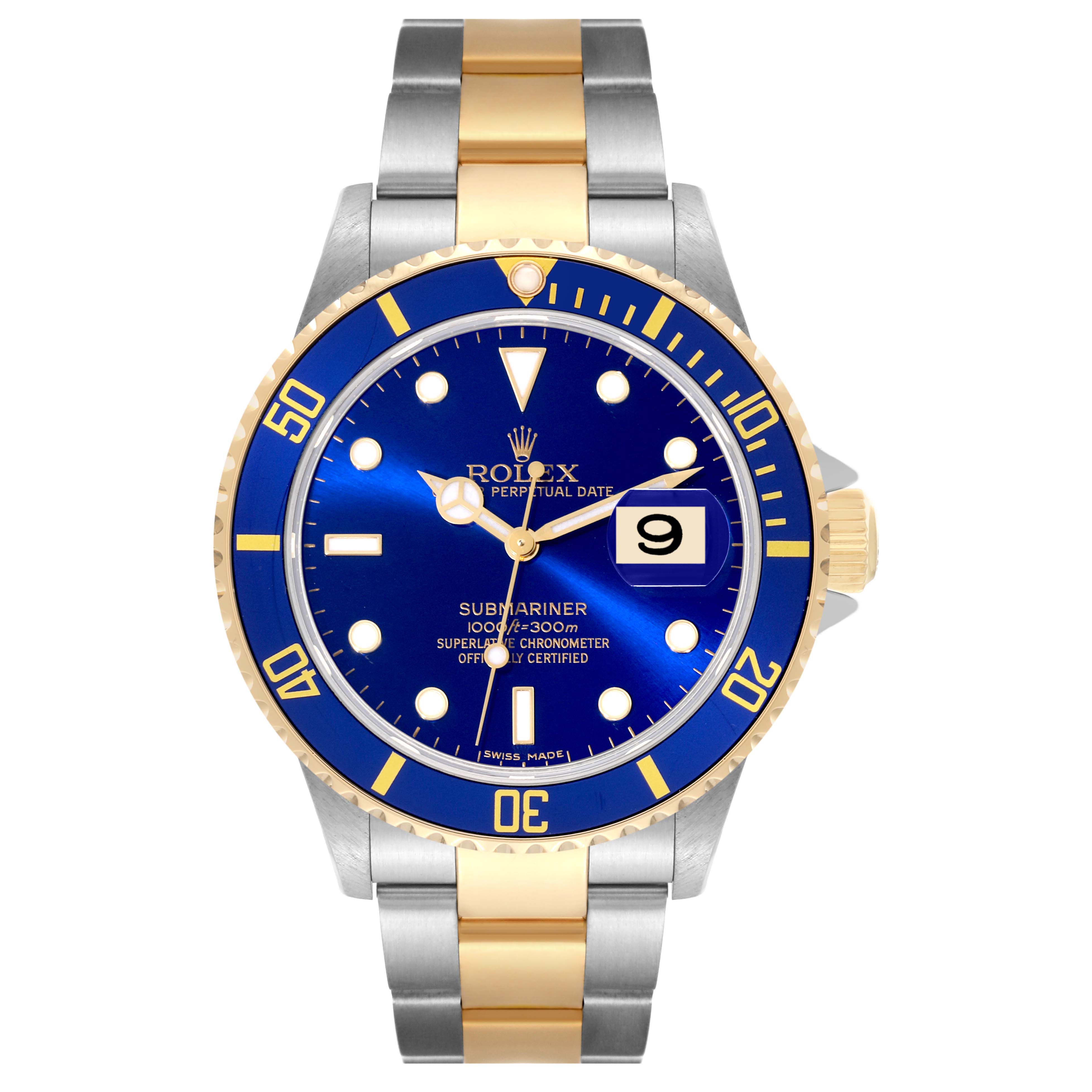 The image shows a front view of a Rolex Submariner 16613 Men's Steel and Gold (two tone) Blue Dial 16613 Men's Steel and Gold (two tone) Blue Dial watch, featuring a blue dial, date display, and two-tone metal bracelet.