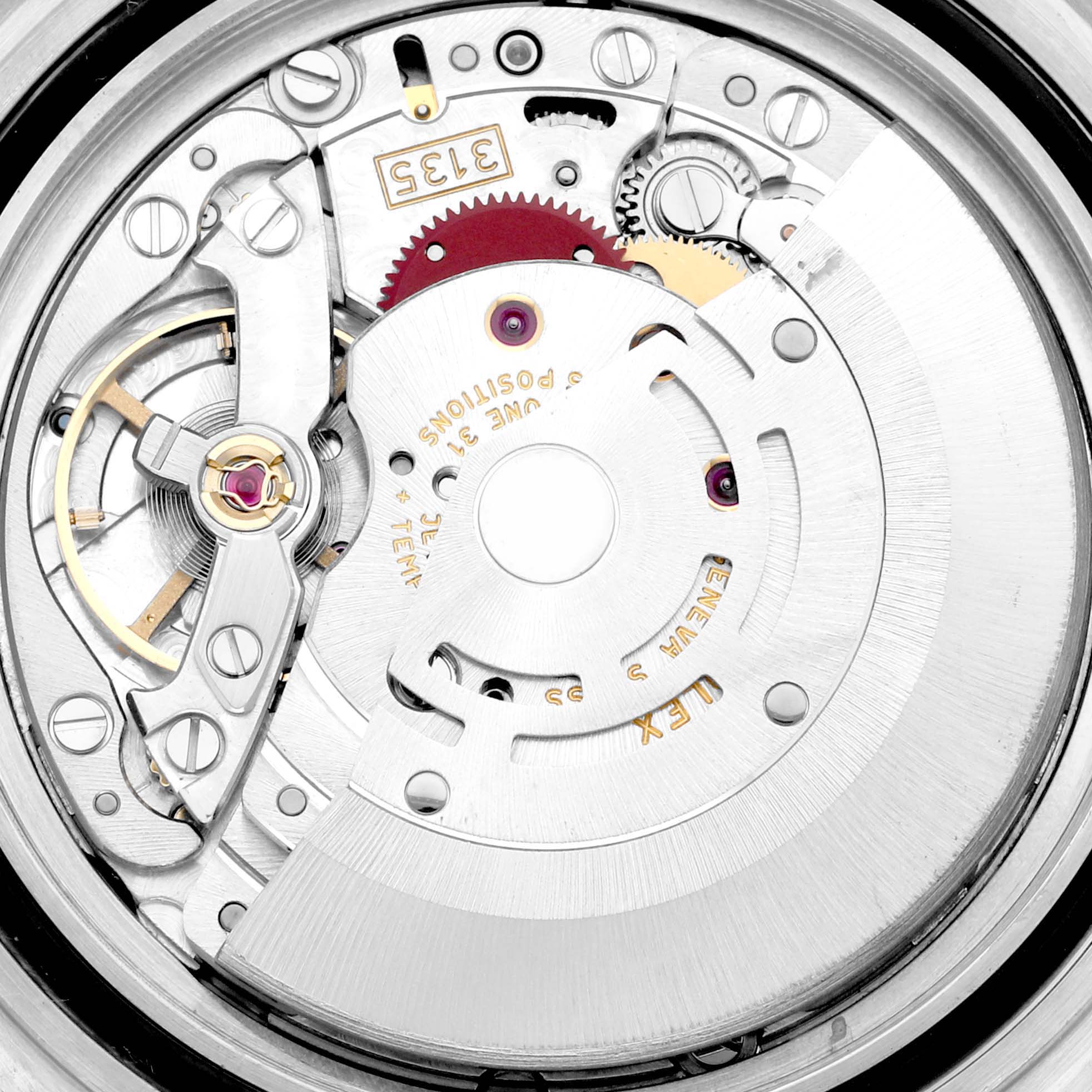 The image shows the internal movement mechanism of a Rolex Submariner 16613 Men's Steel and Gold (two tone) Blue Dial 16613 Men's Steel and Gold (two tone) Blue Dial watch, viewed from the back.