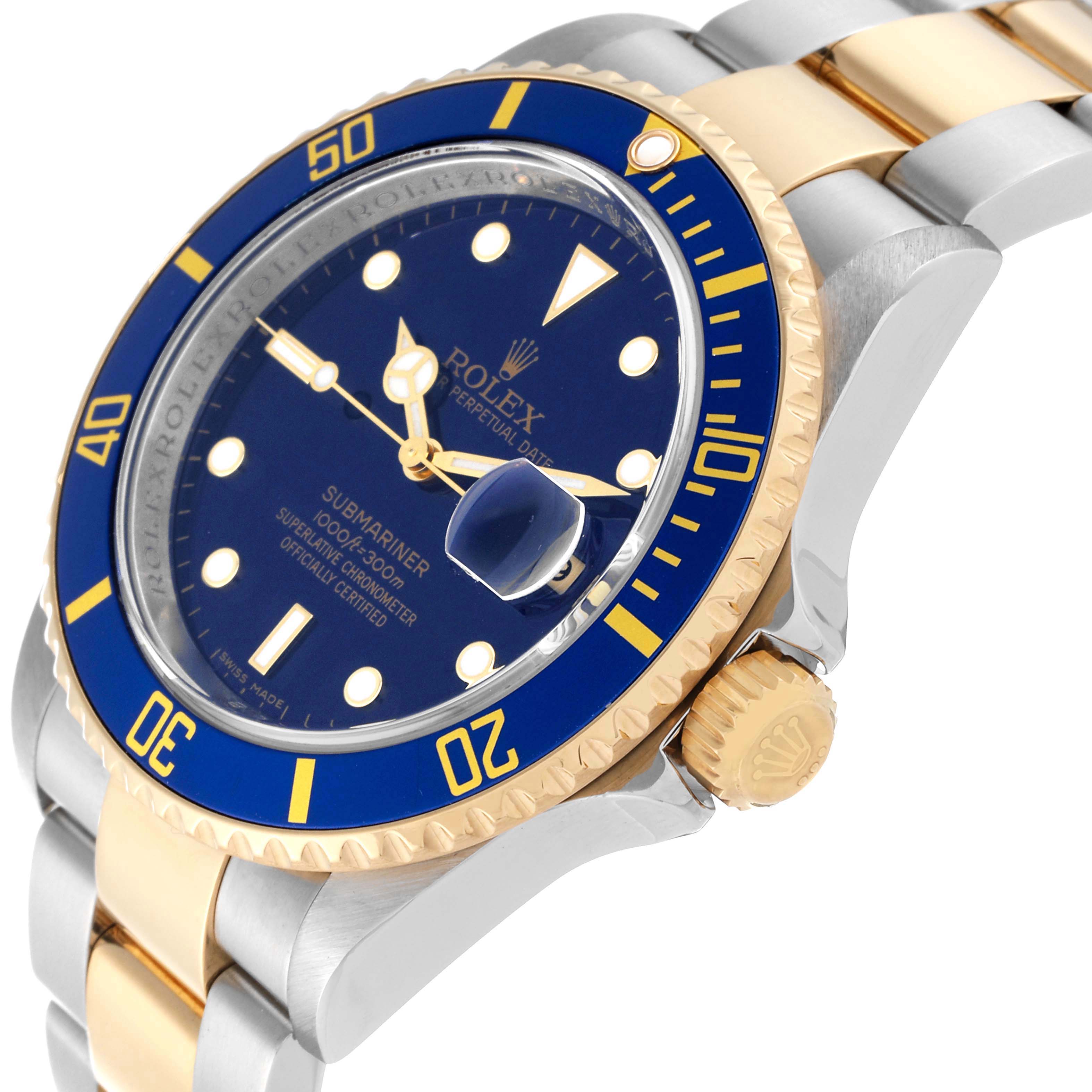 The image shows a close-up side angle of the Rolex Submariner 16613 Men's Steel and Gold (two tone) Blue Dial 16613 Men's Steel and Gold (two tone) Blue Dial watch, capturing the bezel, crown, and part of the bracelet.