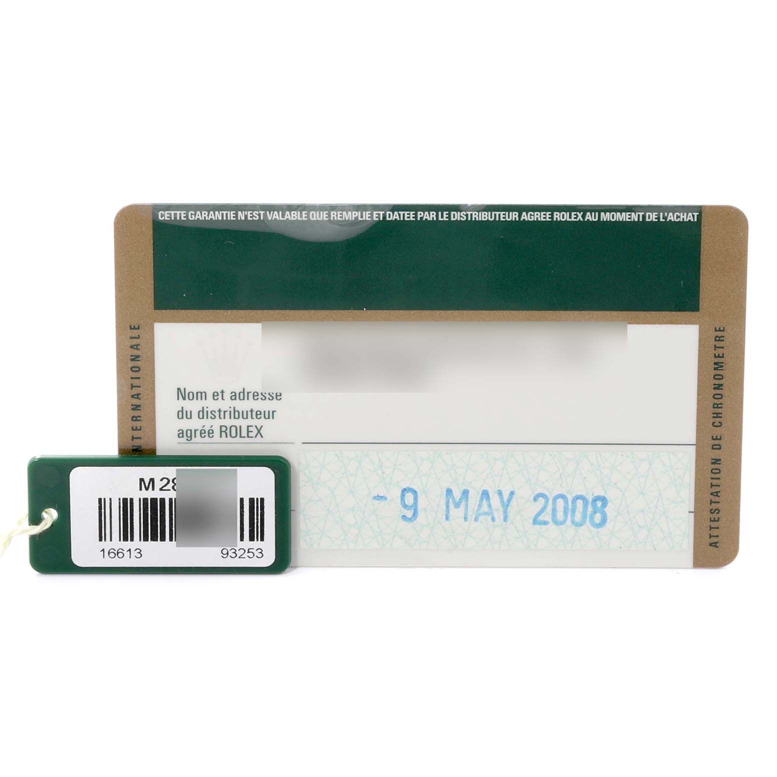 The image shows a warranty card and a barcode tag for a Rolex Submariner 16613 Men's Steel and Gold (two tone) Blue Dial 16613 Men's Steel and Gold (two tone) Blue Dial model, dated 9 May 2008.