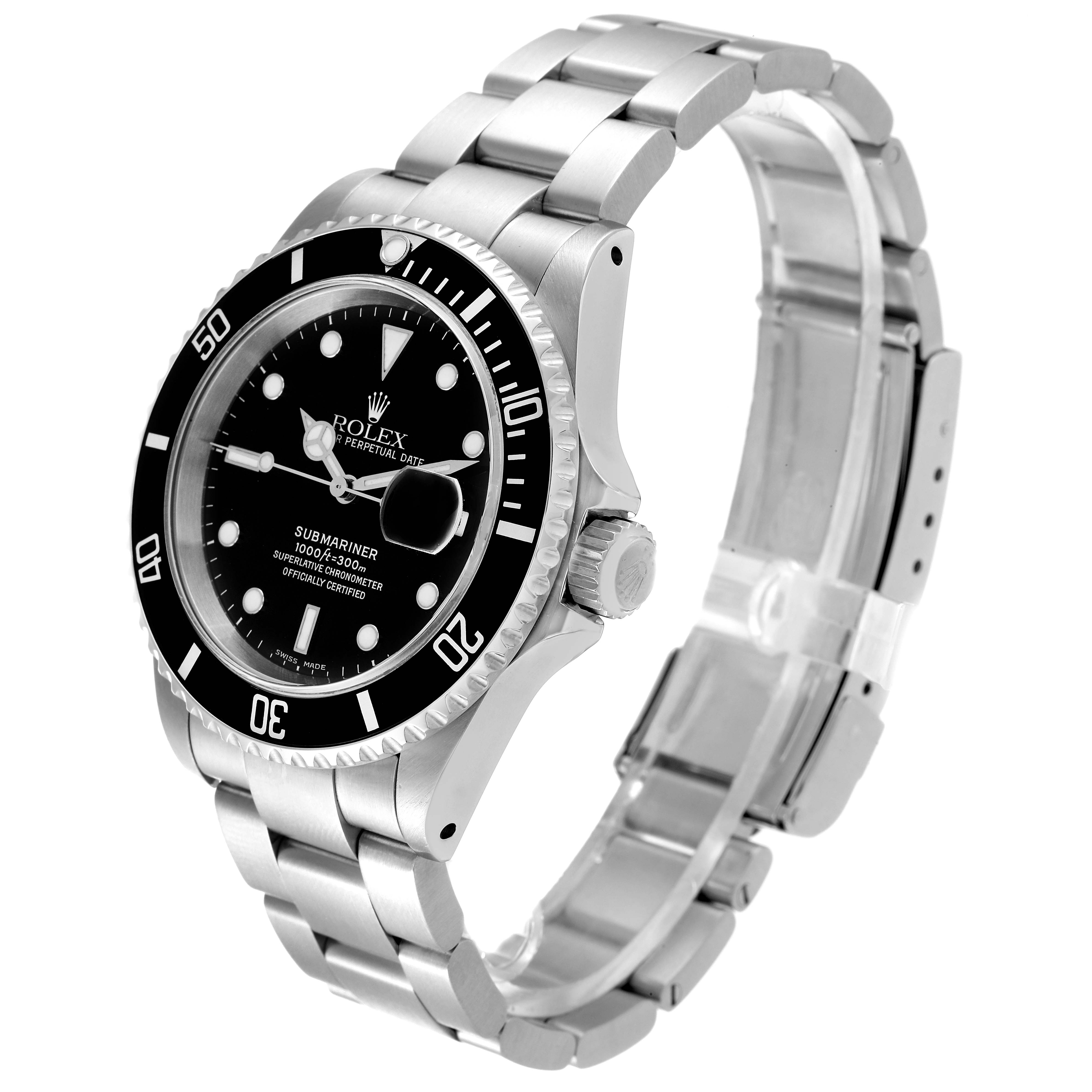 The Rolex Submariner 16610 Men
s Stainless Steel Black Dial 16610 Men
s Stainless Steel Black Dial watch is shown at an angle displaying its face, bezel, crown, and bracelet.