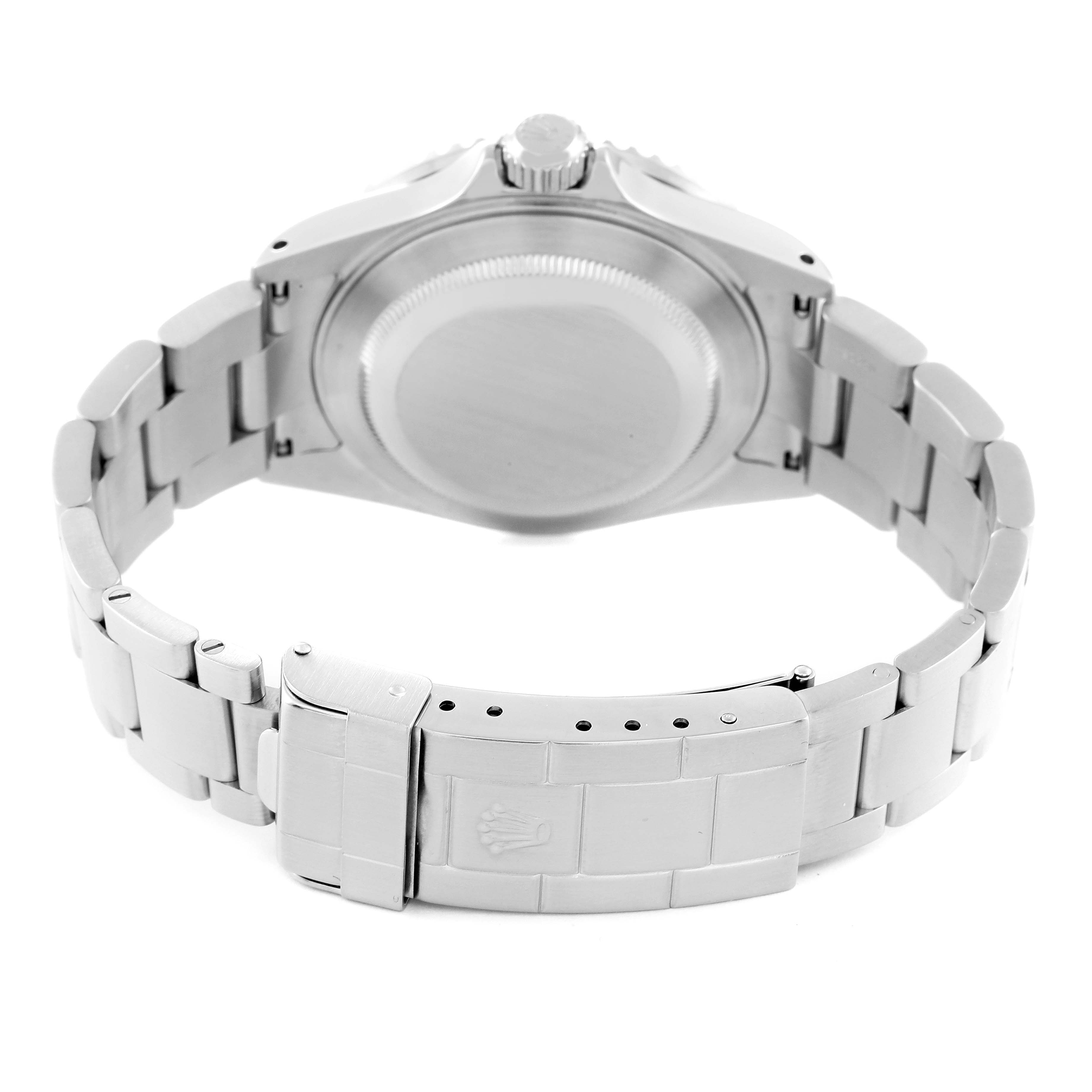 The image shows the back view of a Rolex Submariner 16610 Men
s Stainless Steel Black Dial 16610 Men
s Stainless Steel Black Dial watch, focusing on the case back and bracelet clasp.