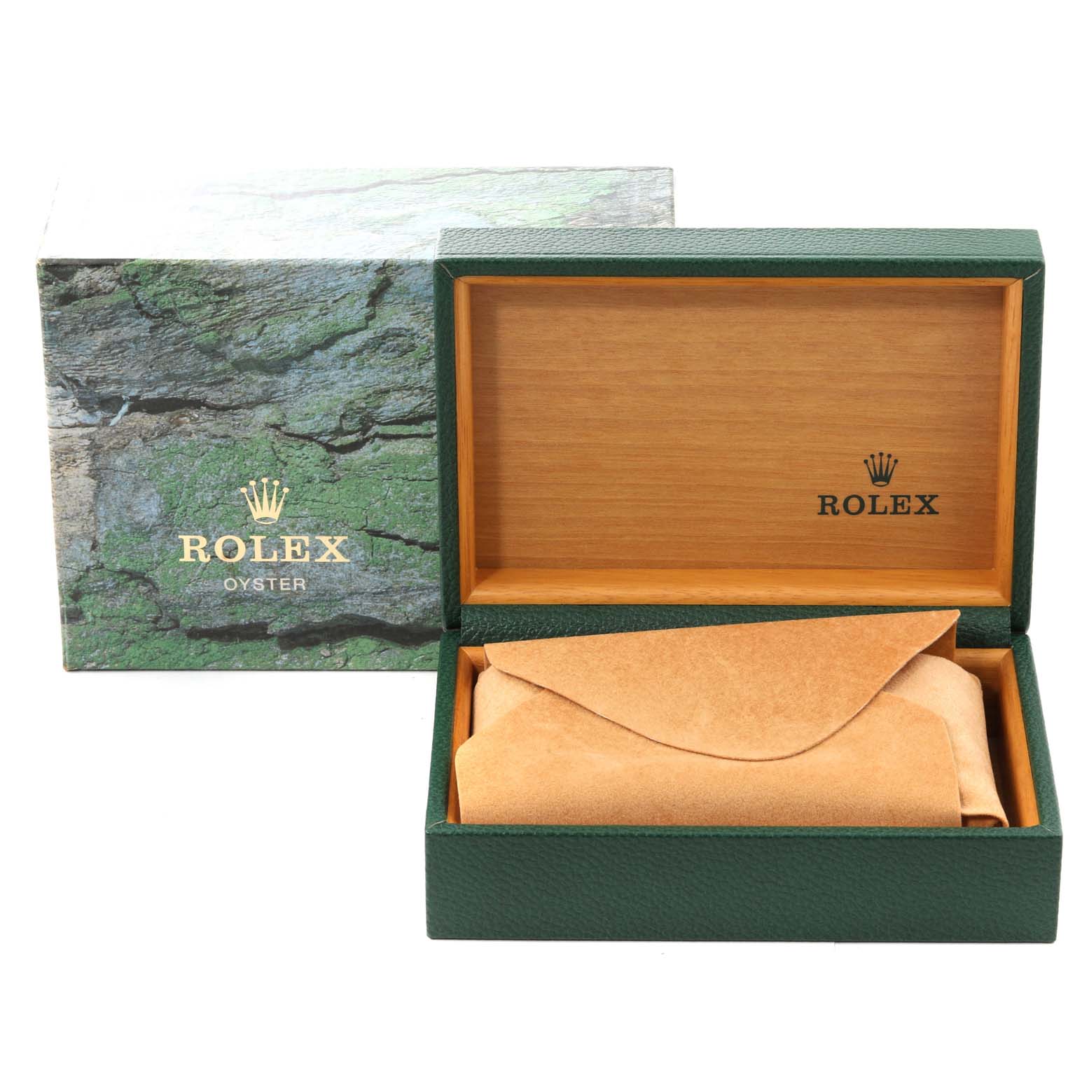 The image shows a Rolex Submariner 16610 Men
s Stainless Steel Black Dial 16610 Men
s Stainless Steel Black Dial watch box with its lid open, revealing a leather pouch inside.