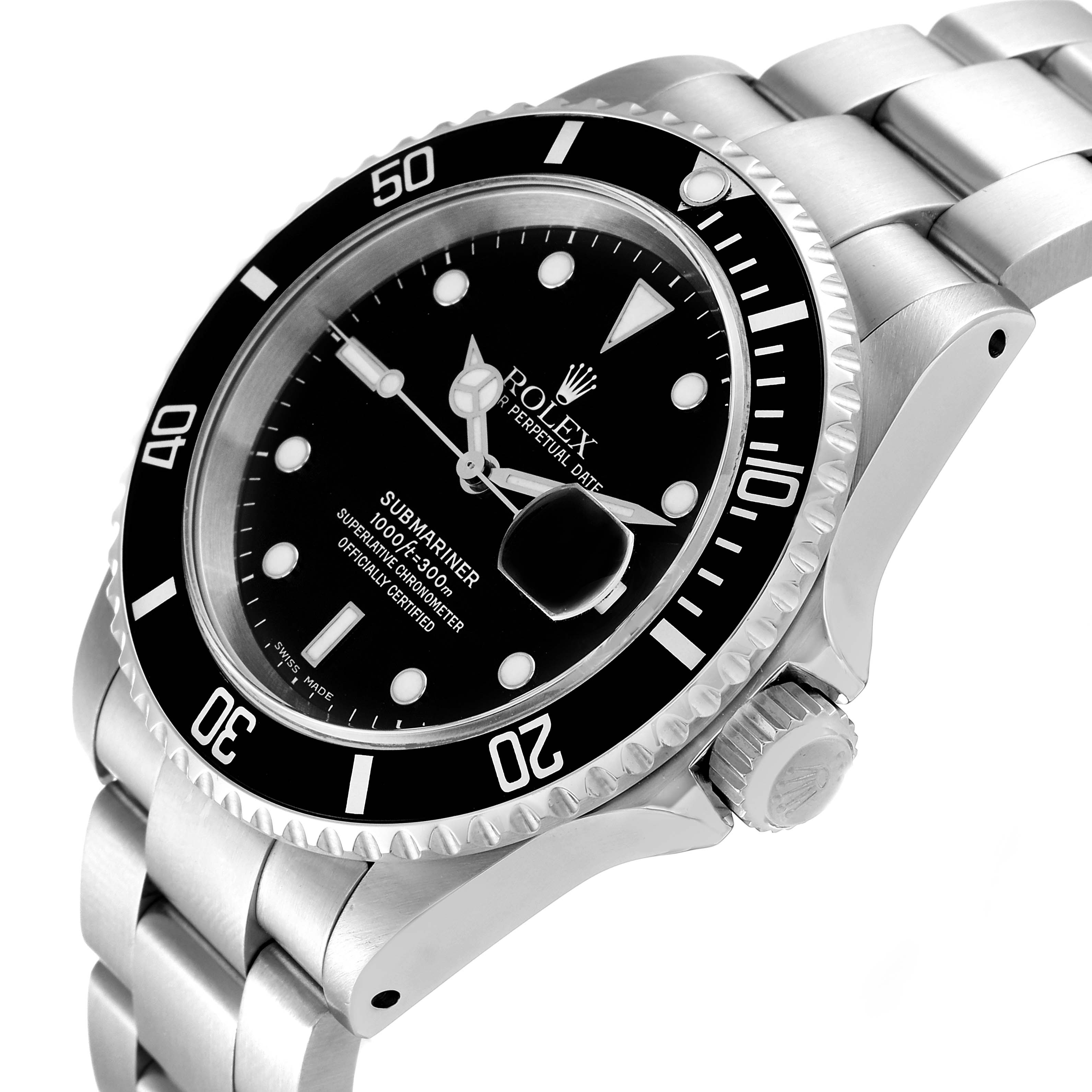 The image shows a side-angle view of a Rolex Submariner 16610 Men
s Stainless Steel Black Dial 16610 Men
s Stainless Steel Black Dial, highlighting the dial, bezel, crown, and part of the bracelet.