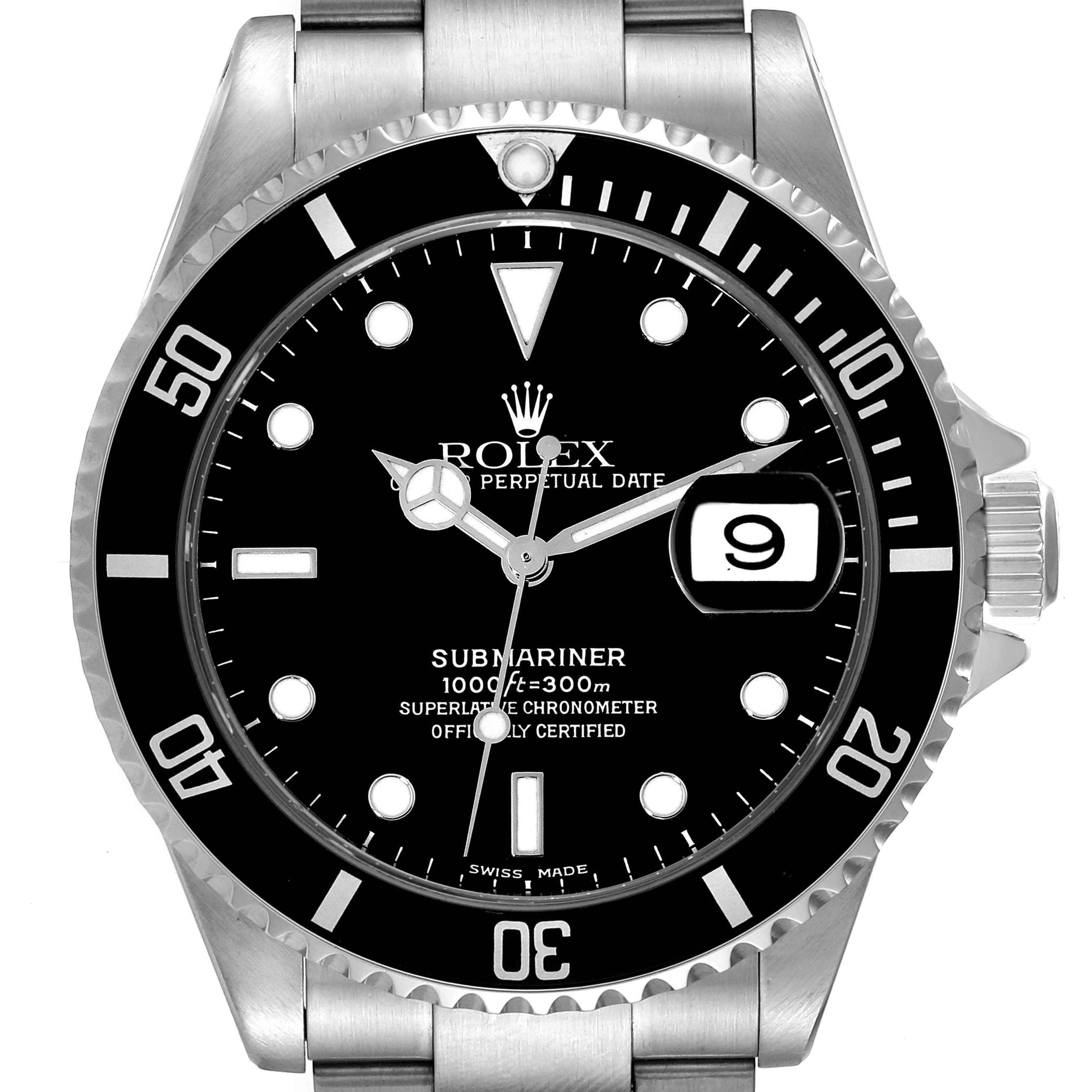 The image shows a front view of a Rolex Submariner 16610 Men
s Stainless Steel Black Dial 16610 Men
s Stainless Steel Black Dial watch, highlighting the dial, bezel, and part of the bracelet.