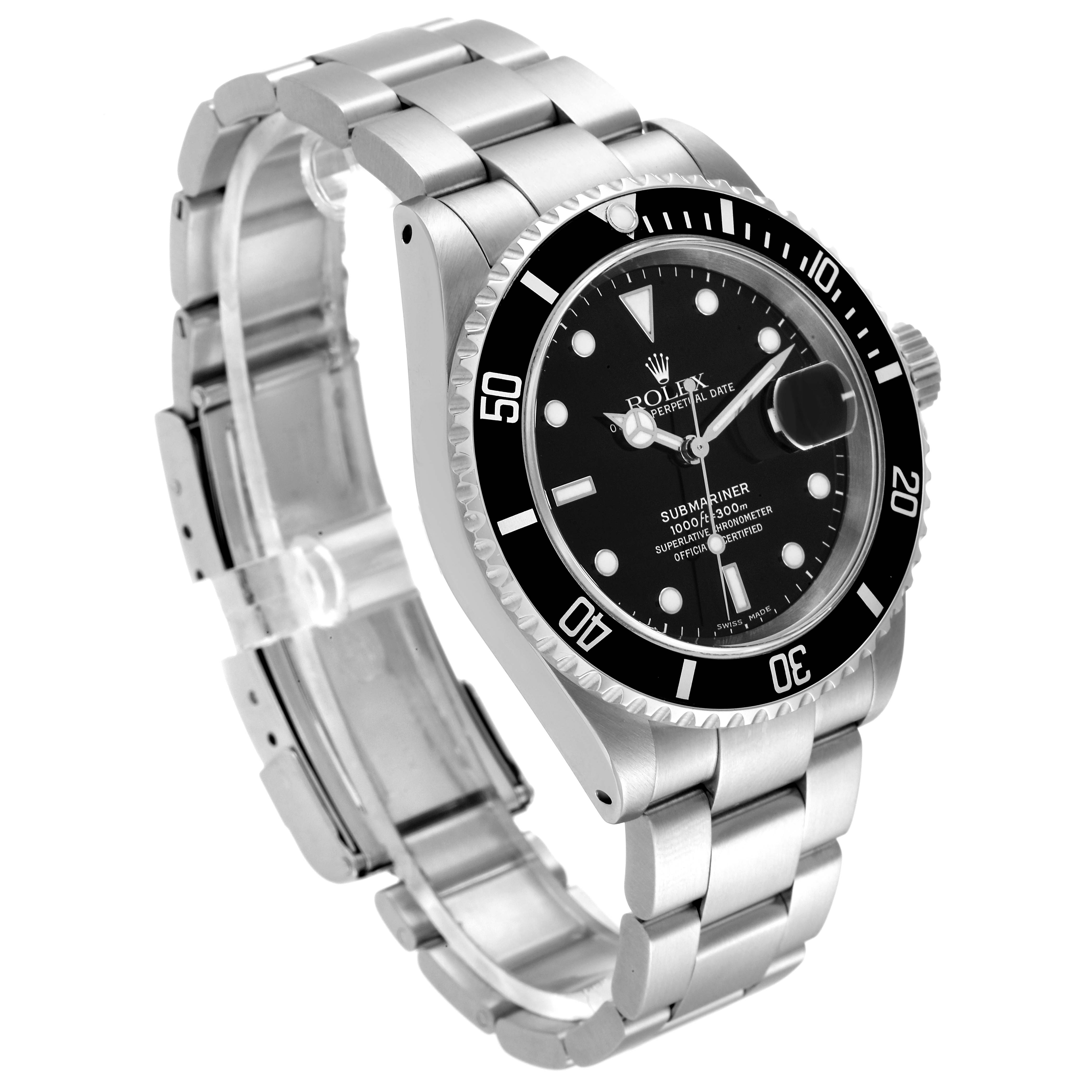 The image shows a side-angle view of a Rolex Submariner 16610 Men
s Stainless Steel Black Dial 16610 Men
s Stainless Steel Black Dial watch, highlighting the dial, bezel, case, and part of the bracelet.