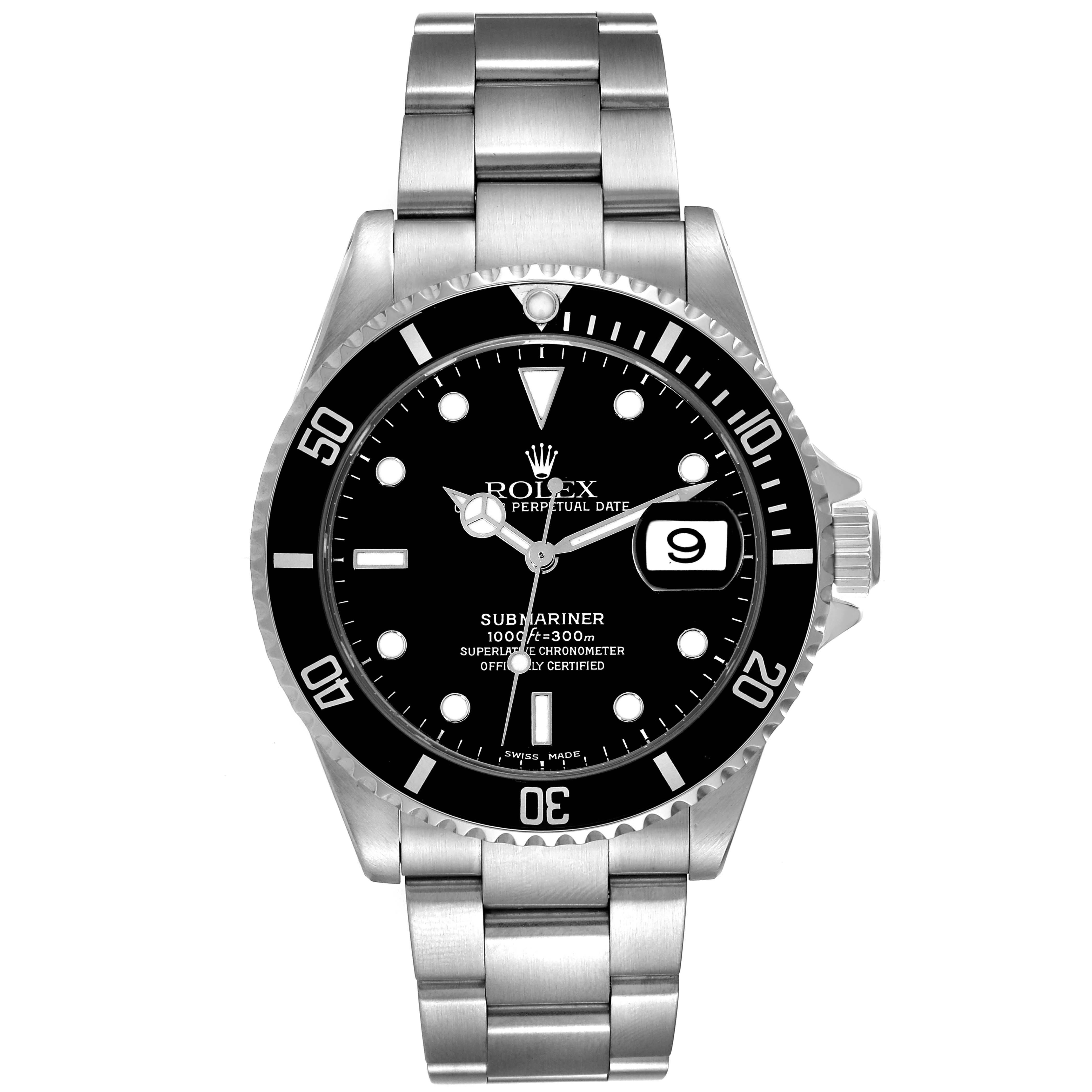 The image shows a front view of a Rolex Submariner 16610 Men
s Stainless Steel Black Dial 16610 Men
s Stainless Steel Black Dial watch, highlighting the dial, bezel, crown, and bracelet.