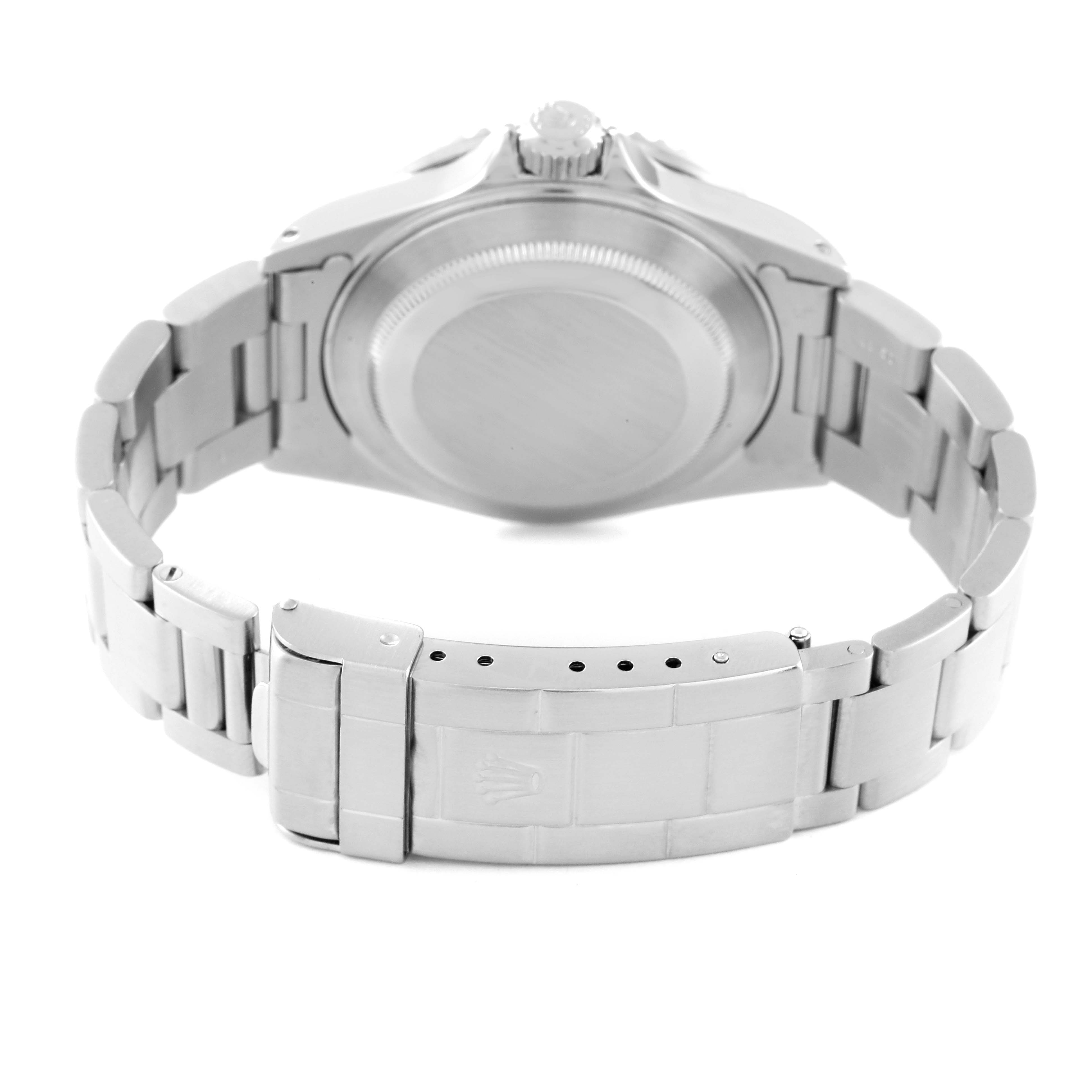 This image shows the back and bracelet of a Rolex Submariner 16610 Men
s Stainless Steel Black Dial 16610 Men
s Stainless Steel Black Dial watch from a rear angle.