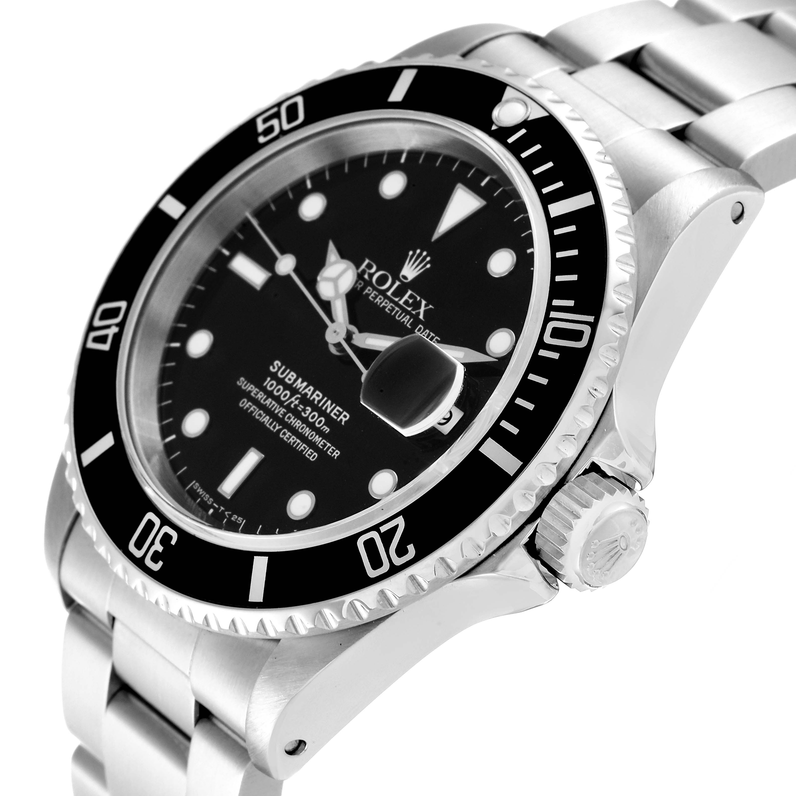This image shows a close-up angle of the Rolex Submariner 16610 Men
s Stainless Steel Black Dial 16610 Men
s Stainless Steel Black Dial, featuring the bezel, dial, crown, and part of the bracelet.