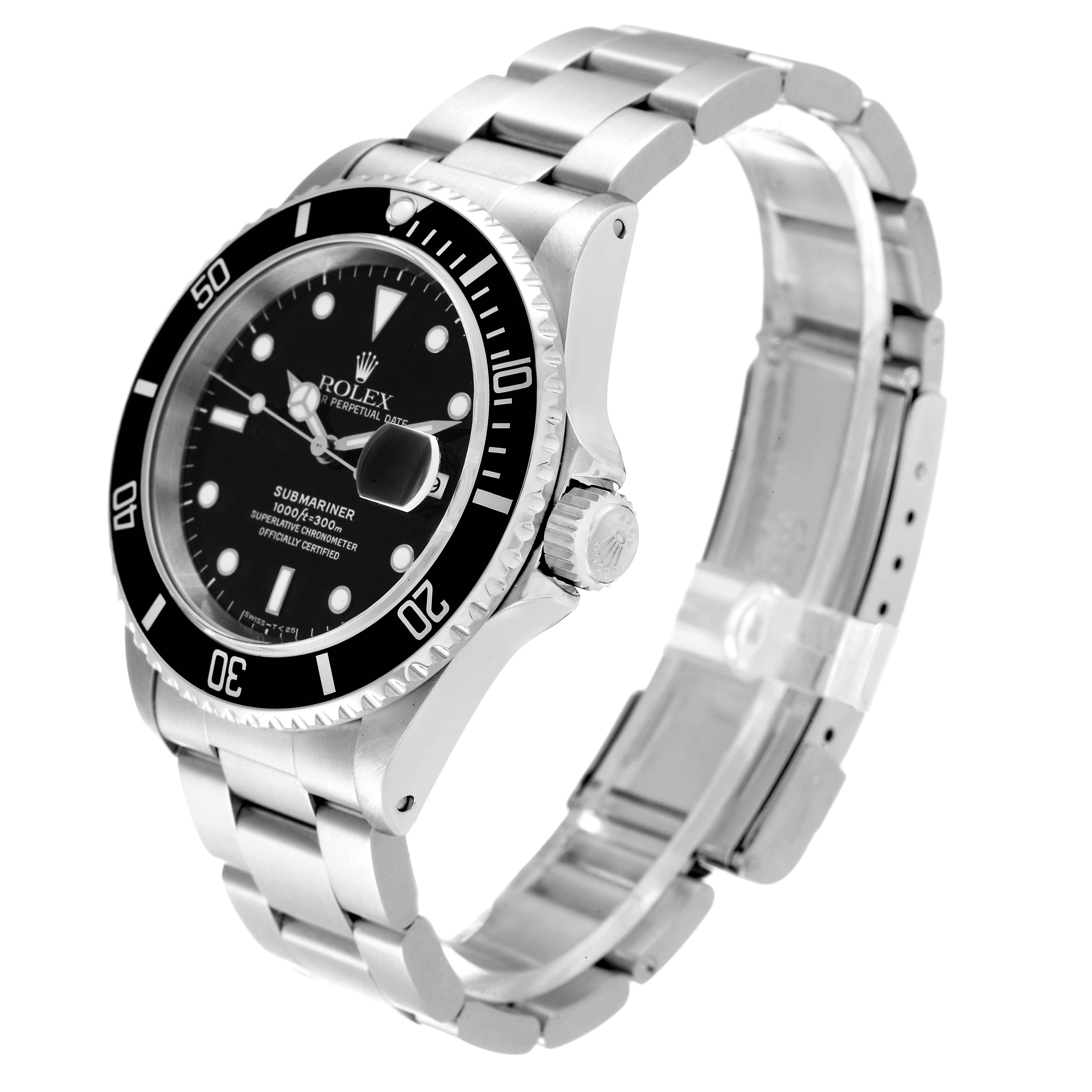 The Rolex Submariner 16610 Men
s Stainless Steel Black Dial 16610 Men
s Stainless Steel Black Dial watch is shown at an angle highlighting the face, bezel, crown, and stainless steel bracelet.