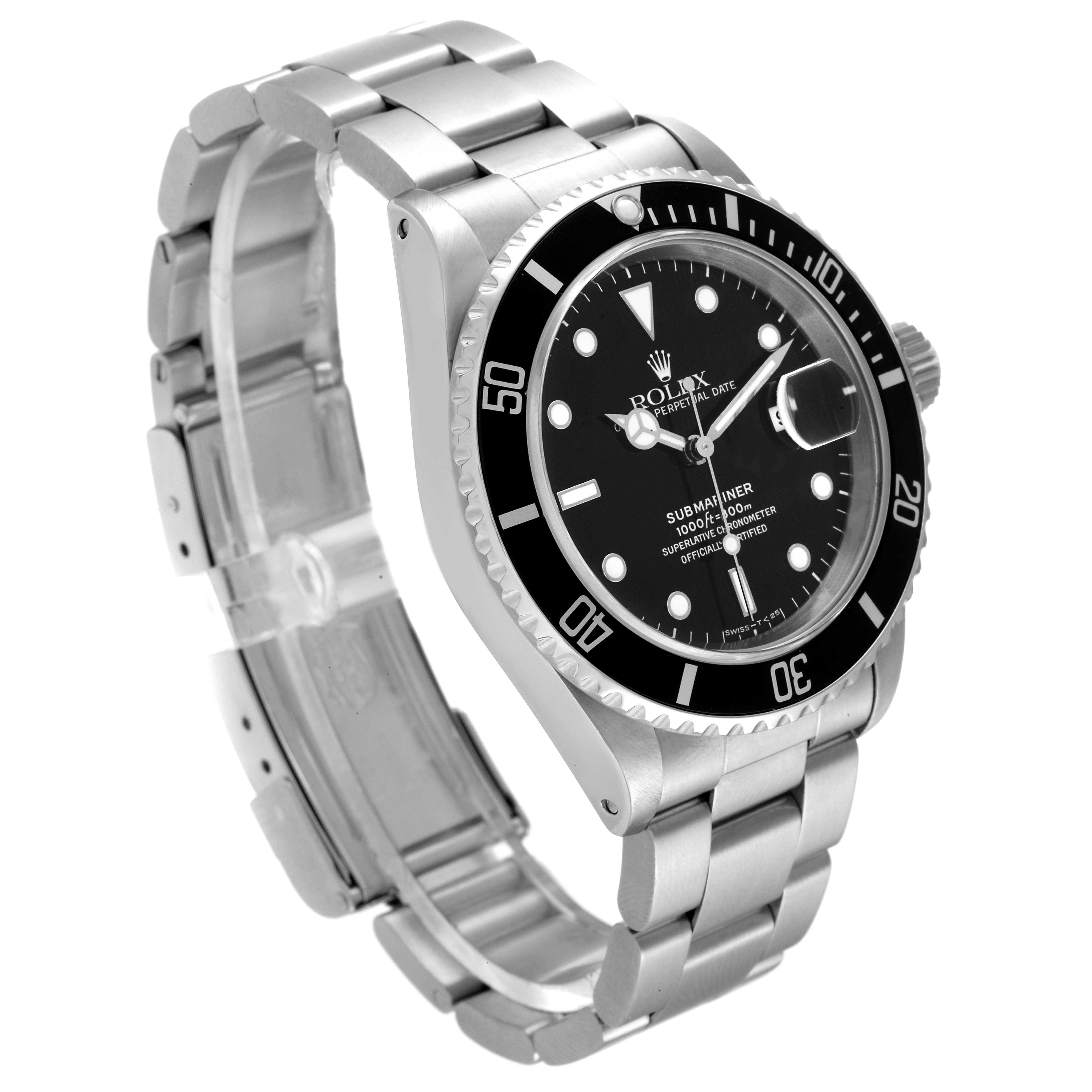 The image shows a side angle of a Rolex Submariner 16610 Men
s Stainless Steel Black Dial 16610 Men
s Stainless Steel Black Dial watch, including the dial, bezel, case, and bracelet.