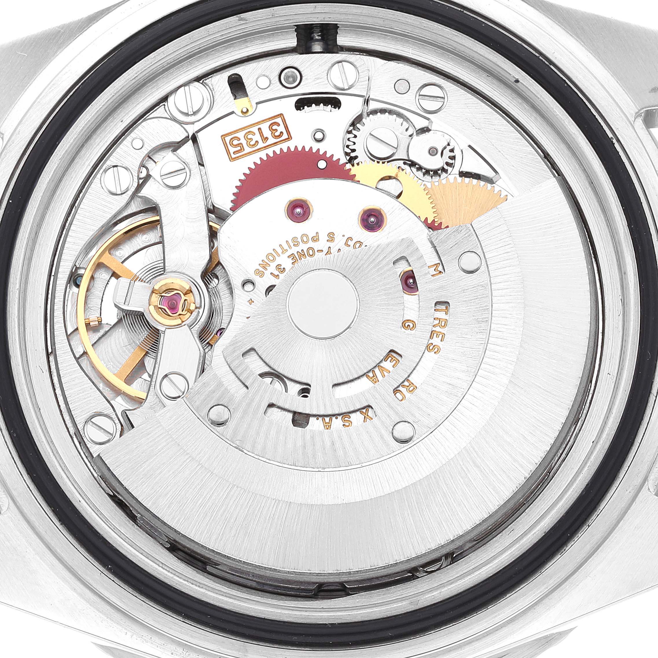 The image shows the movement and internal mechanism of a Rolex Submariner 16610 Men
s Stainless Steel Black Dial 16610 Men
s Stainless Steel Black Dial watch from a top-down angle.