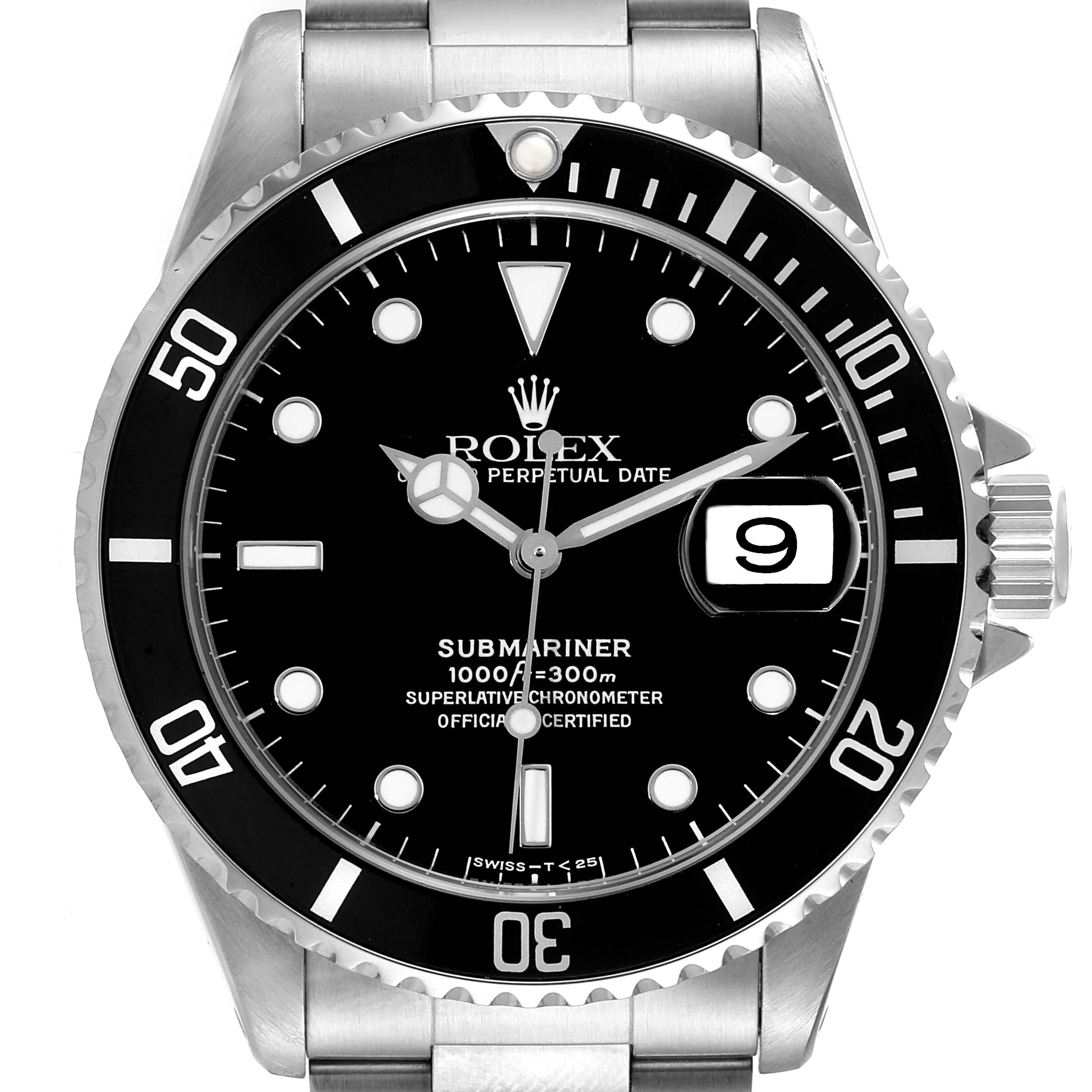 This image shows a front view of a Rolex Submariner 16610 Men
s Stainless Steel Black Dial 16610 Men
s Stainless Steel Black Dial watch, highlighting the dial, bezel, and bracelet.