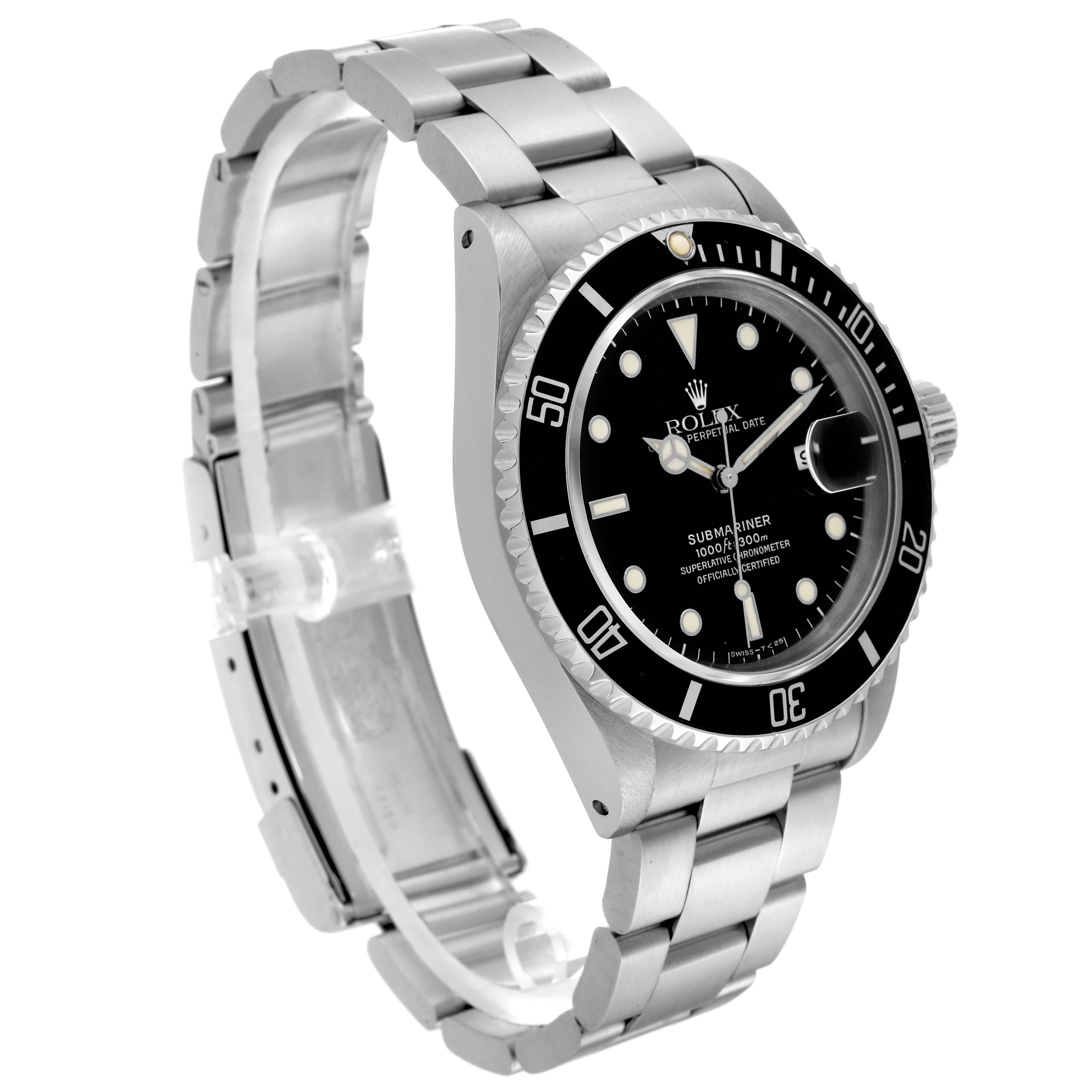 The Rolex Submariner 16610 Men
s Stainless Steel Black Dial 16610 Men
s Stainless Steel Black Dial watch is shown at a three-quarter angle, displaying the watch face, bezel, crown, and stainless steel bracelet.