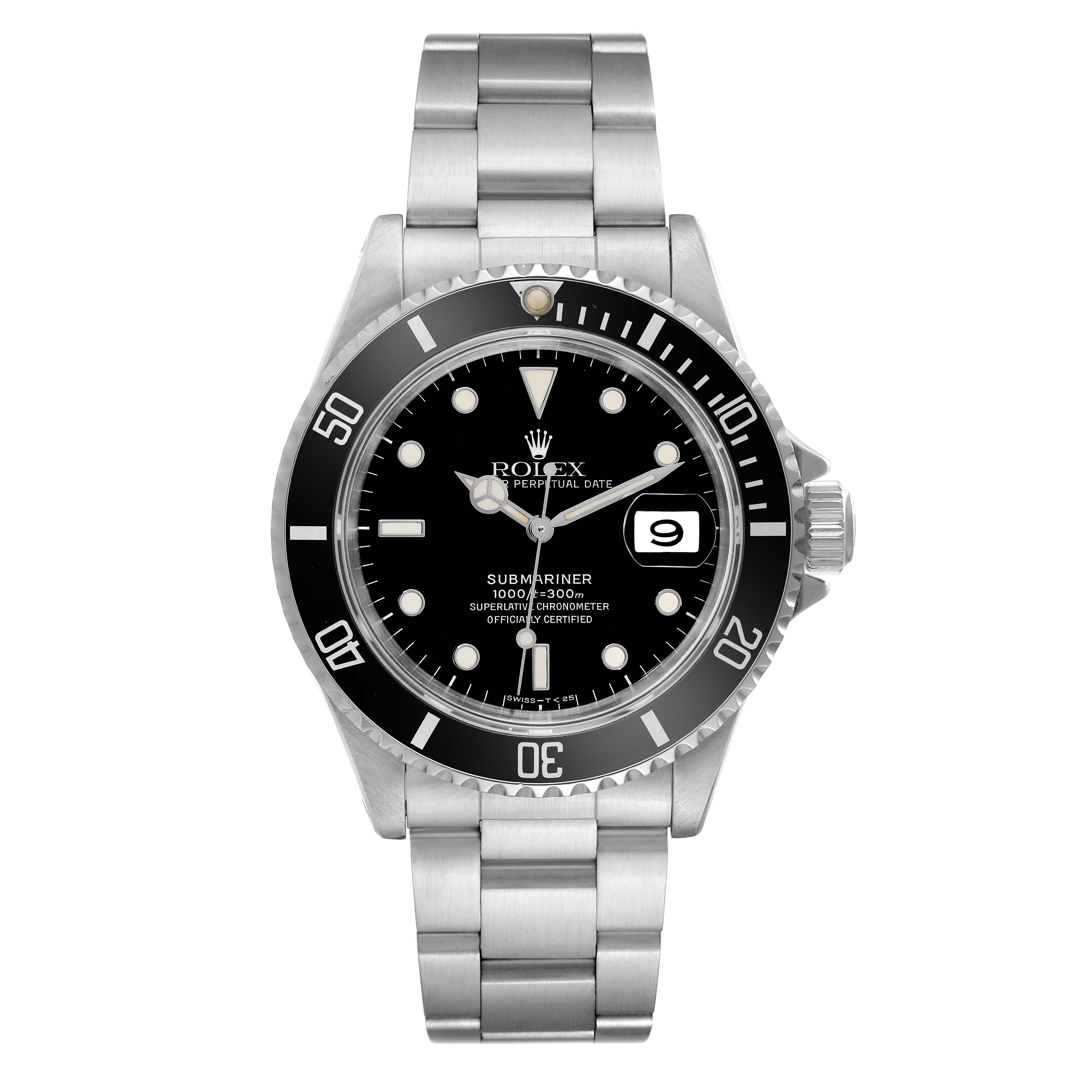This is a front view of a Rolex Submariner 16610 Men
s Stainless Steel Black Dial 16610 Men
s Stainless Steel Black Dial watch, showing the dial, bezel, bracelet, and crown.