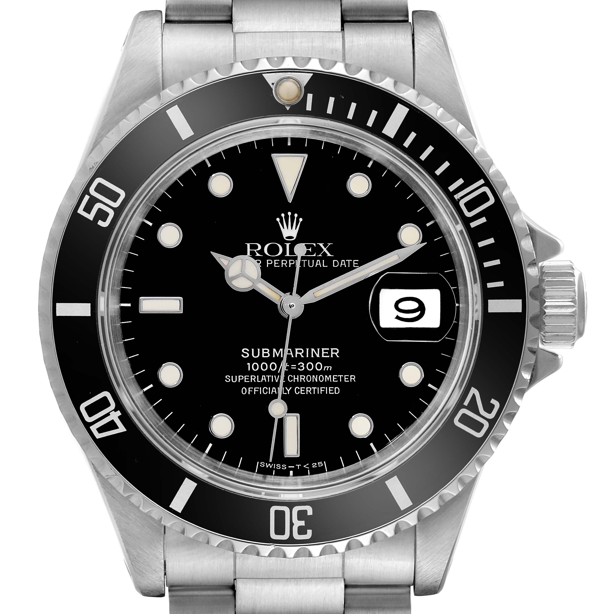 The image shows a Rolex Submariner 16610 Men
s Stainless Steel Black Dial 16610 Men
s Stainless Steel Black Dial watch from a frontal angle, highlighting the dial, bezel, and part of the bracelet.