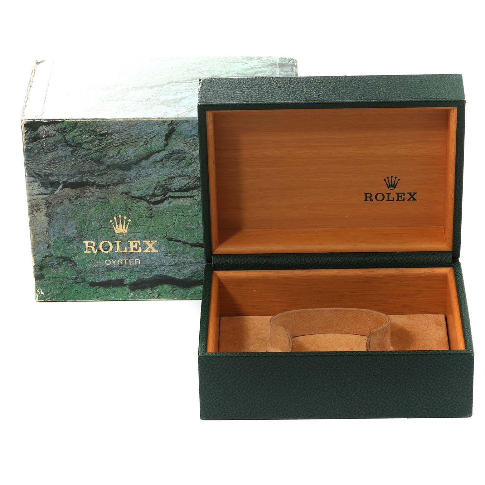 This image shows an empty Rolex Submariner 16610 Men
s Stainless Steel Black Dial 16610 Men
s Stainless Steel Black Dial watch box and an outer box with branding visible from a front angle.