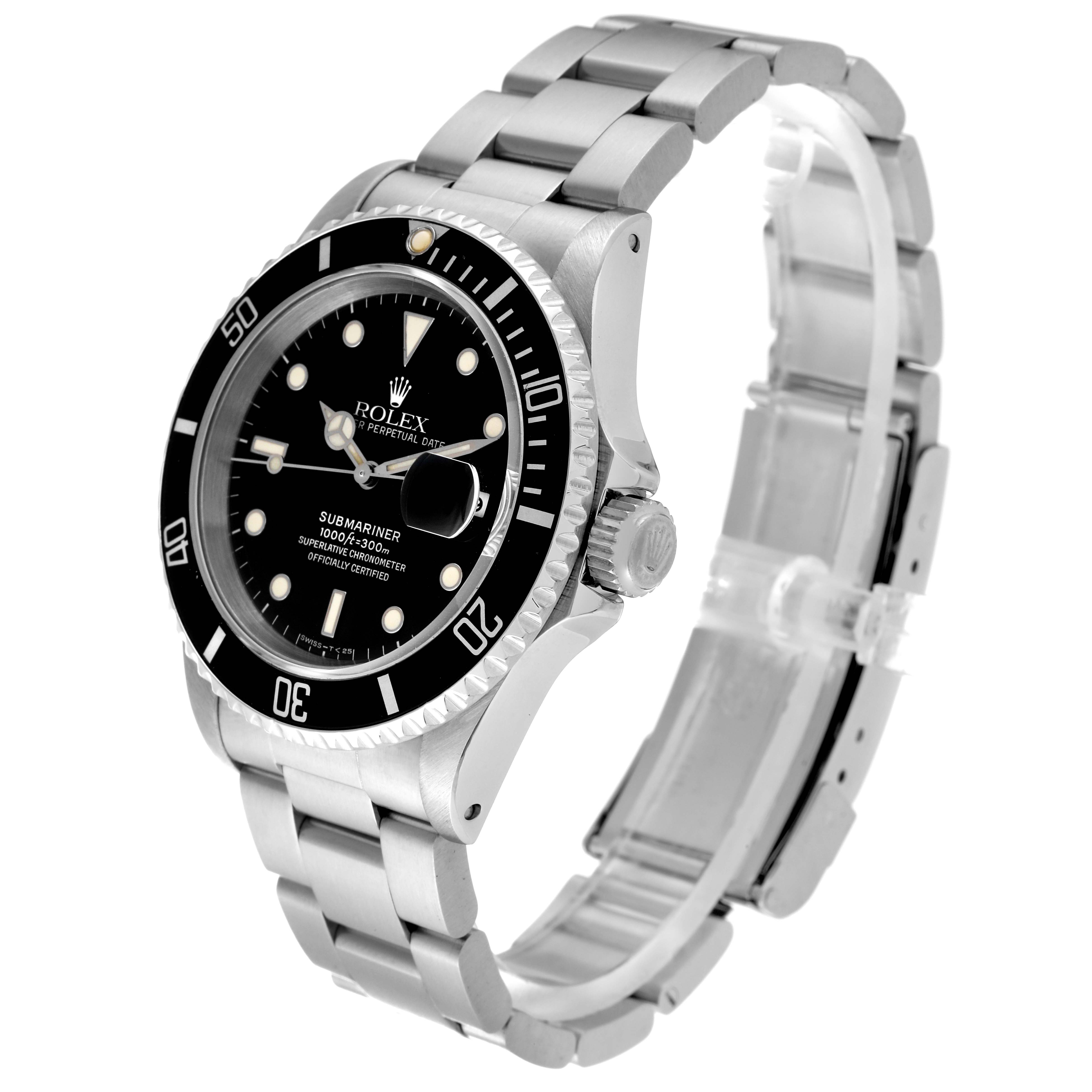 The image shows a Rolex Submariner 16610 Men
s Stainless Steel Black Dial 16610 Men
s Stainless Steel Black Dial watch angled from the front-left, displaying the bezel, dial, and stainless steel bracelet.