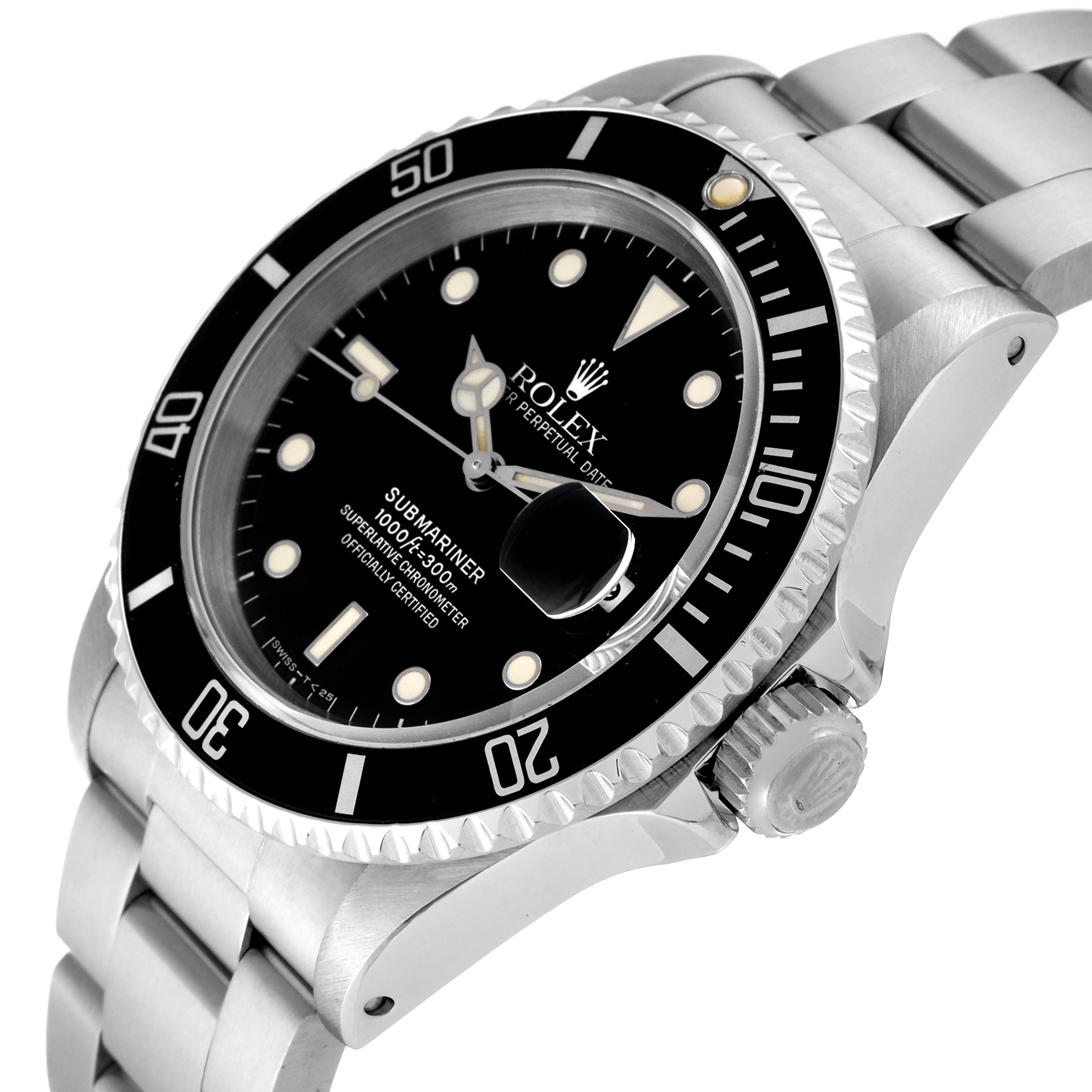 This Rolex Submariner 16610 Men
s Stainless Steel Black Dial 16610 Men
s Stainless Steel Black Dial watch is shown at a slight side angle, revealing the case, bezel, dial, crown, and part of the bracelet.