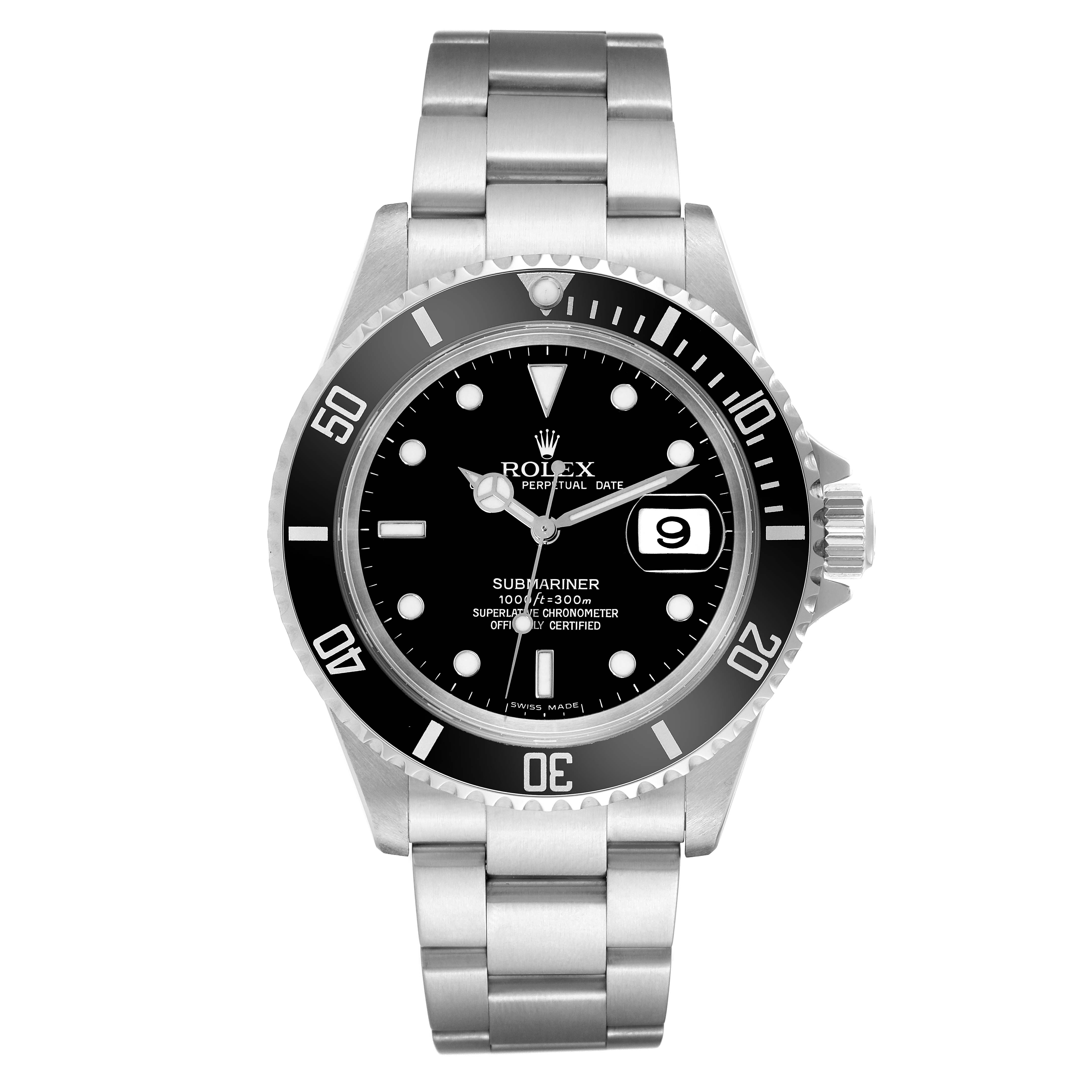 The image shows a front view of a Rolex Submariner 16610 Men
s Stainless Steel Black Dial 16610 Men
s Stainless Steel Black Dial watch, highlighting its dial, bezel, hands, and bracelet.