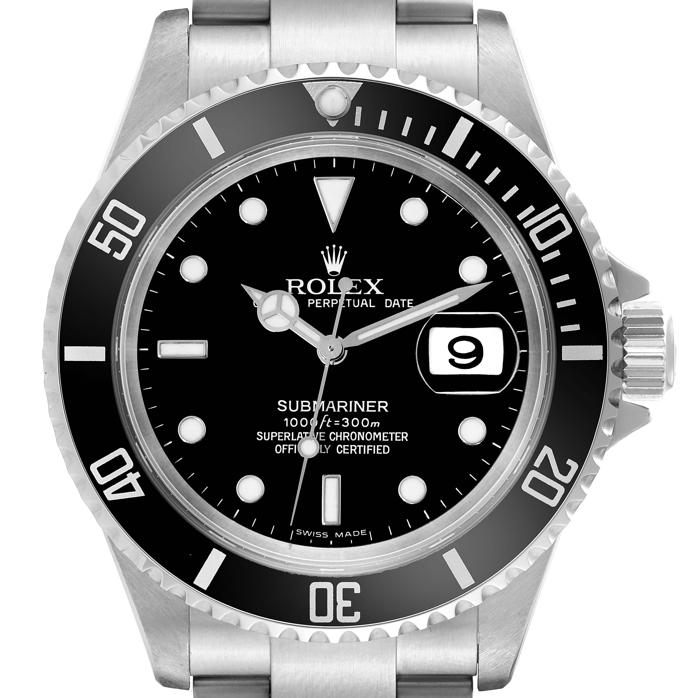 This image shows a front view of the Rolex Submariner 16610 Men
s Stainless Steel Black Dial 16610 Men
s Stainless Steel Black Dial, highlighting the dial, bezel, and date window.