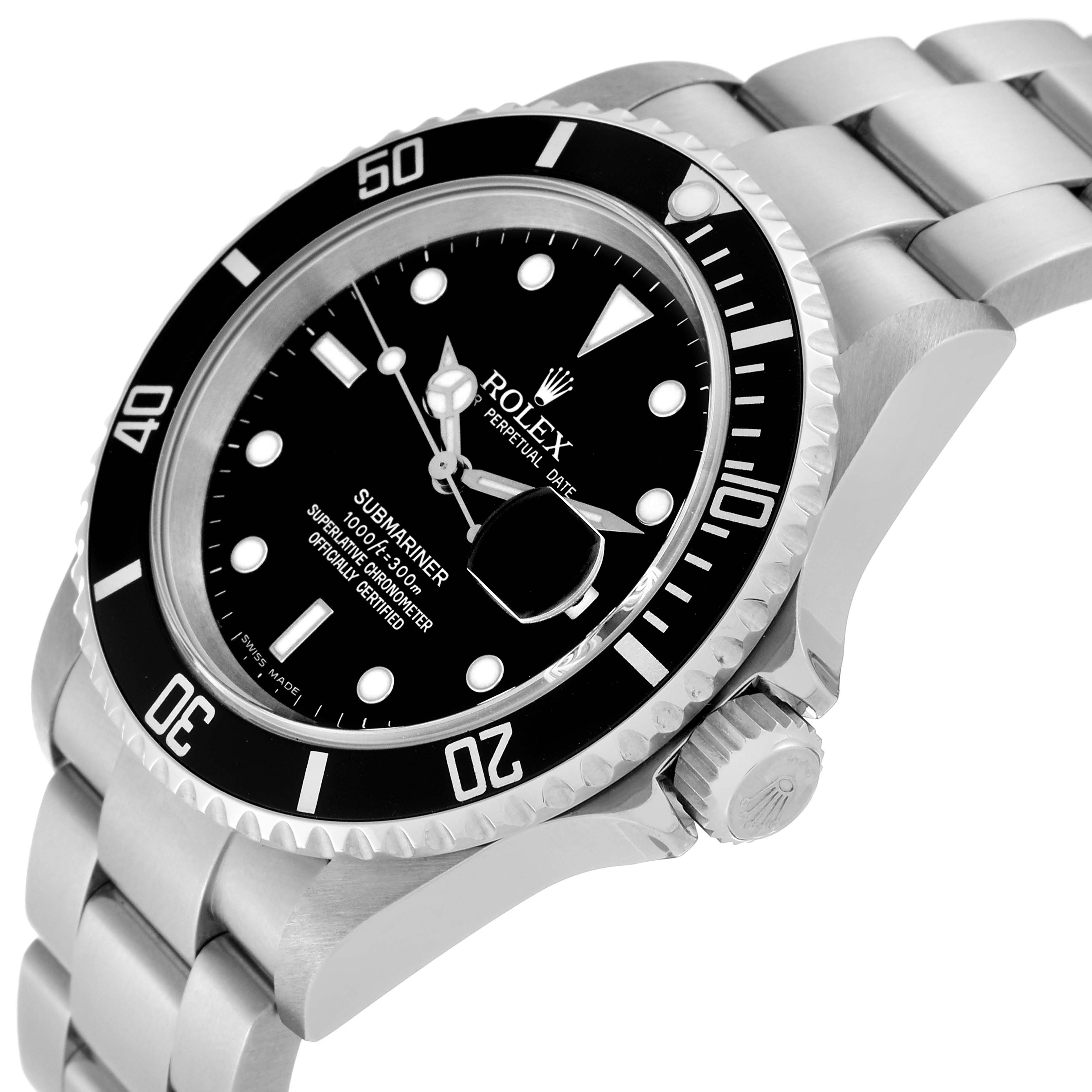 The Rolex Submariner 16610 Men
s Stainless Steel Black Dial 16610 Men
s Stainless Steel Black Dial watch is shown at an angle displaying the bezel, dial, case, bracelet, and crown.