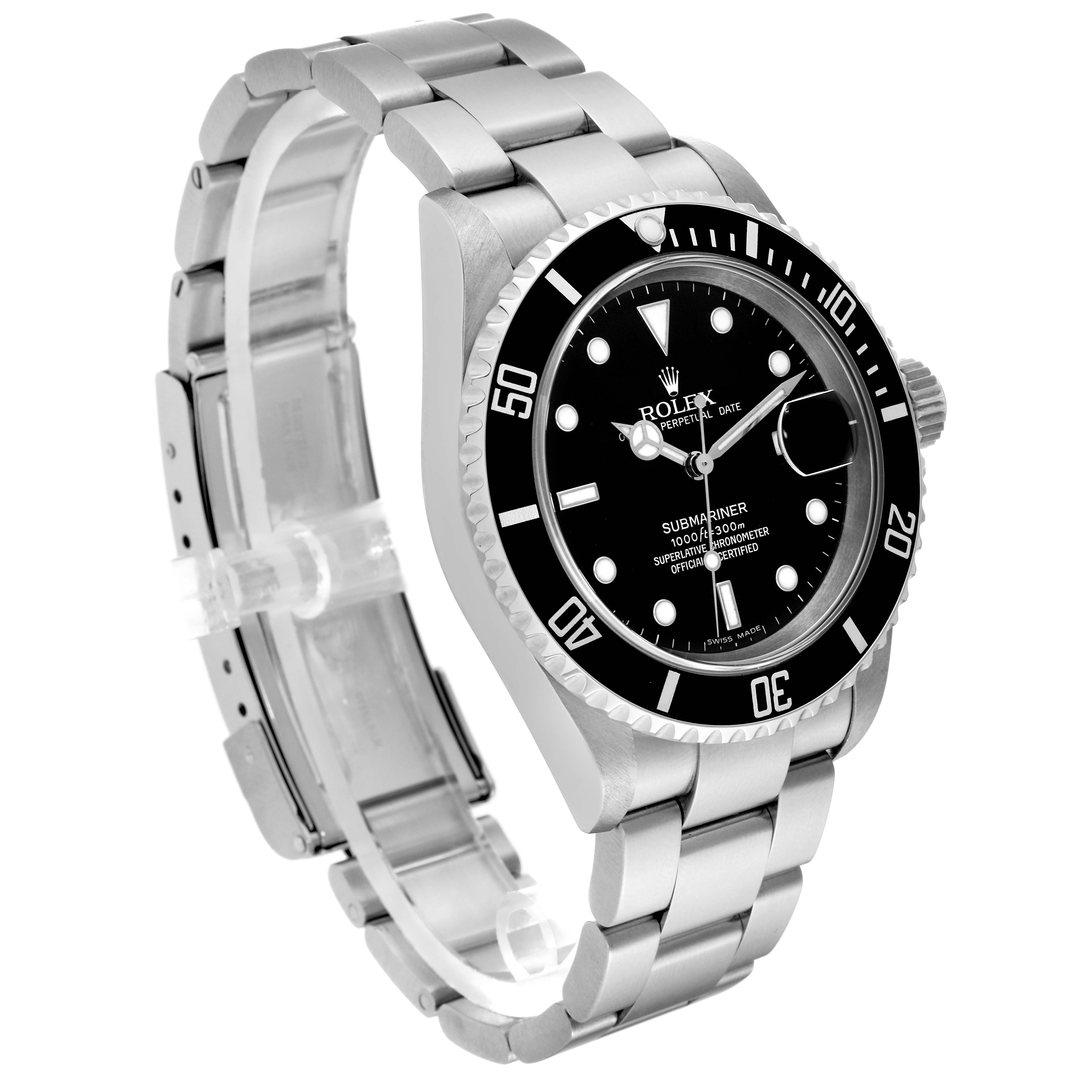 The Rolex Submariner 16610 Men
s Stainless Steel Black Dial 16610 Men
s Stainless Steel Black Dial watch is shown at an angled side view, displaying its black dial, bezel, and silver bracelet.
