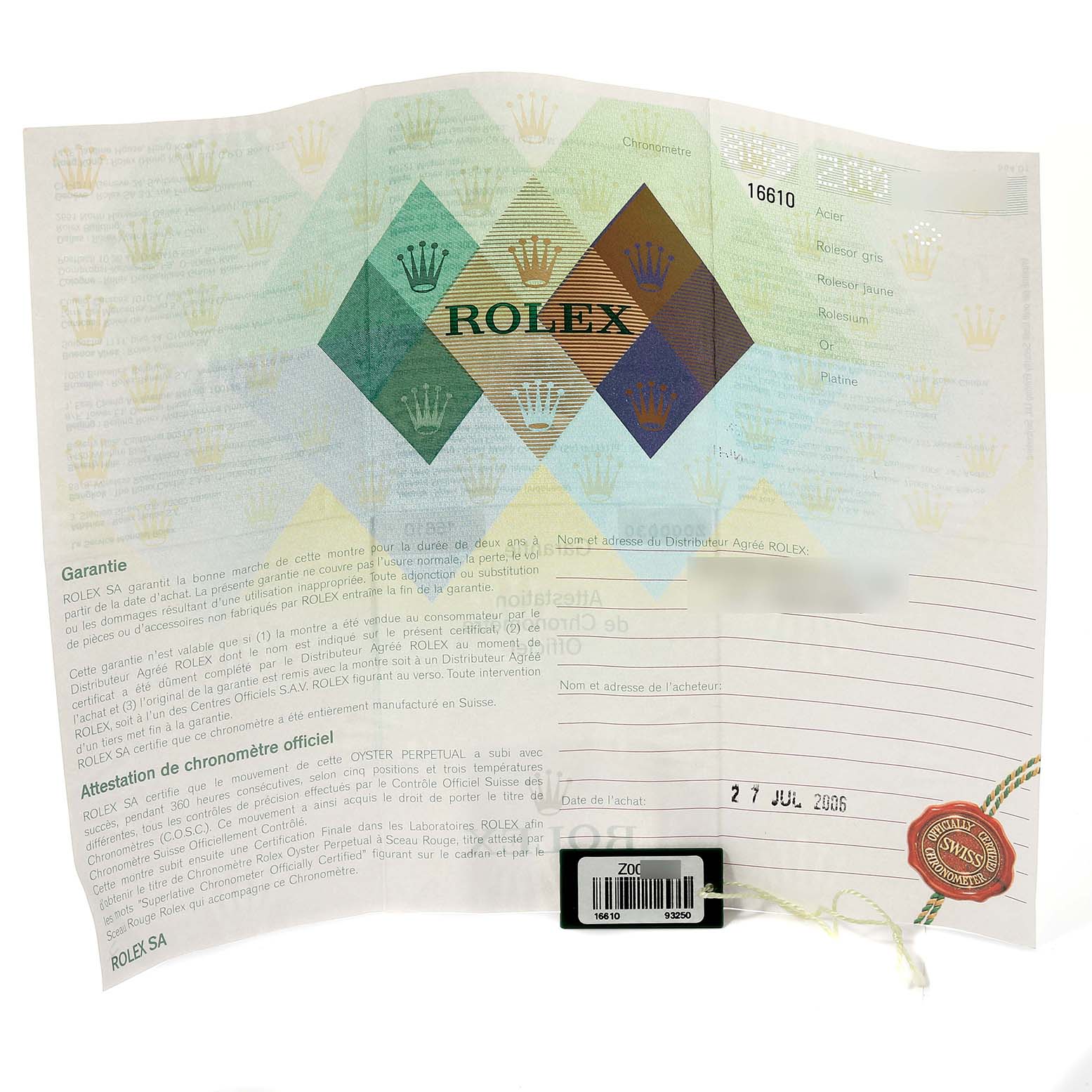 This image shows the warranty and certification paperwork and a barcode tag for a Rolex Submariner 16610 Men
s Stainless Steel Black Dial 16610 Men
s Stainless Steel Black Dial model watch.