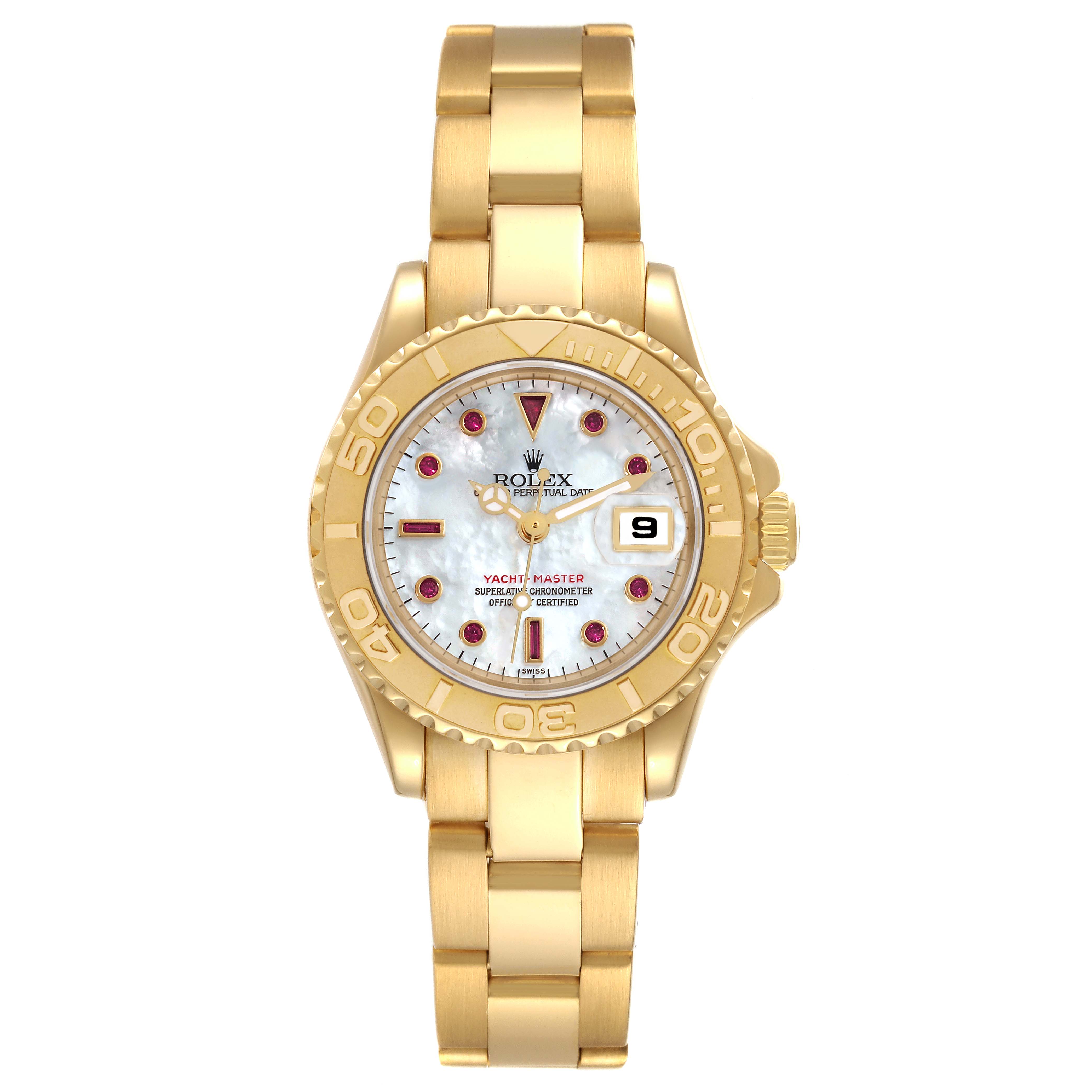 This Rolex Yacht-Master 169628 Women's Yellow Gold Mother of Pearl Dial 169628 Women's Yellow Gold Mother of Pearl Dial watch is shown from a top-down angle, displaying its face, bezel, and bracelet.