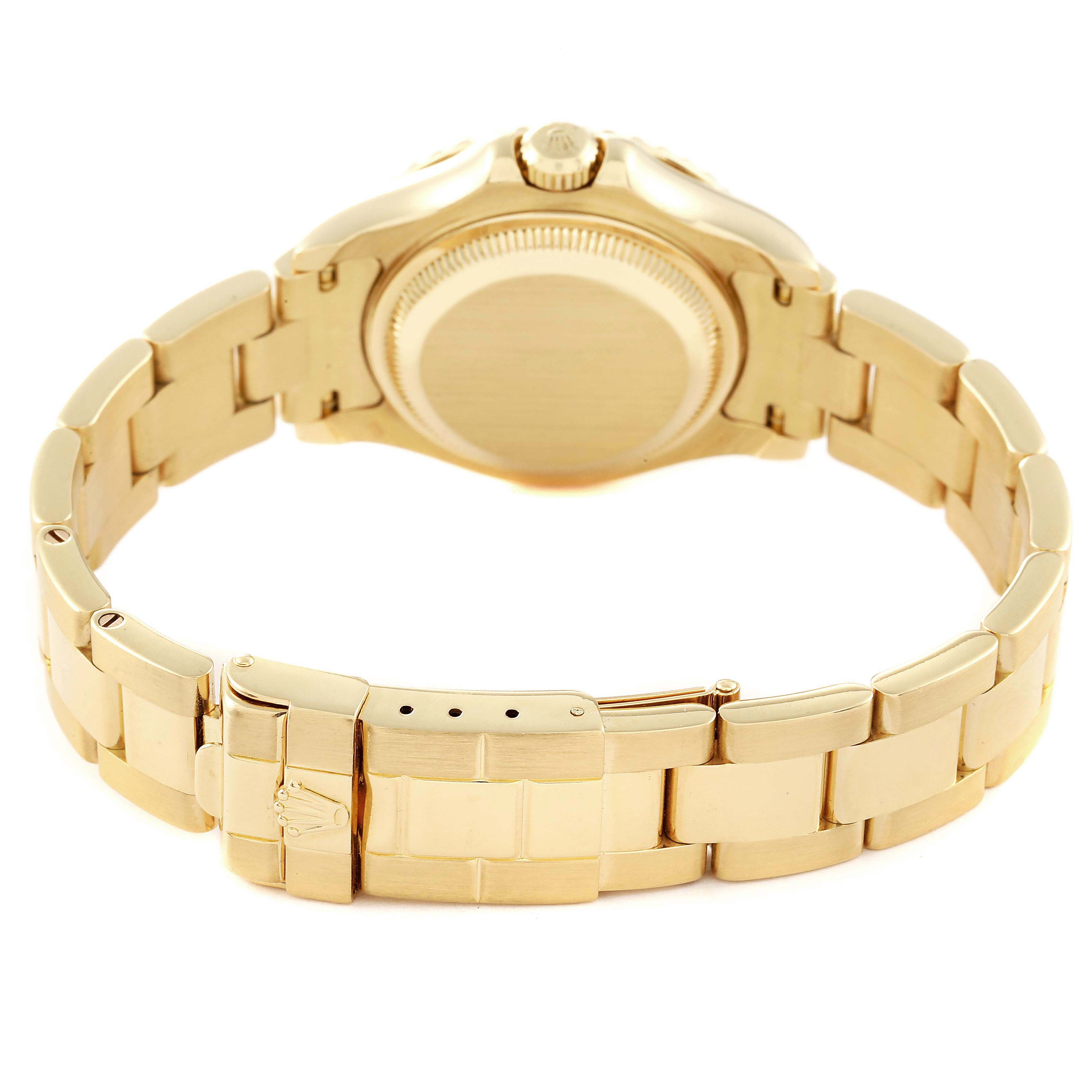 The image shows the Rolex Yacht-Master 169628 Women's Yellow Gold Mother of Pearl Dial 169628 Women's Yellow Gold Mother of Pearl Dial watch from the back, focusing on its gold bracelet and clasp.