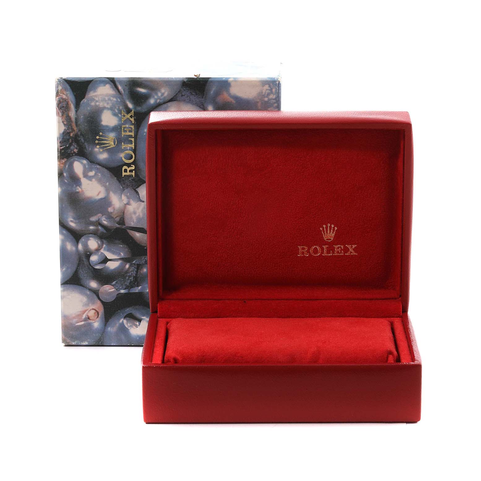 The image shows an open red Rolex Yacht-Master 169628 Women's Yellow Gold Mother of Pearl Dial 169628 Women's Yellow Gold Mother of Pearl Dial watch box with gold Rolex branding and its outer packaging.