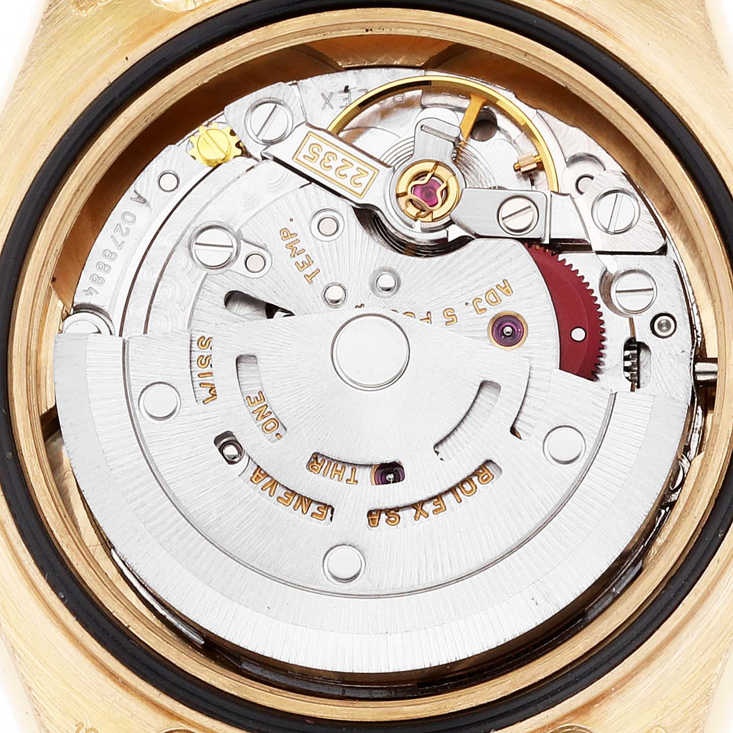 The image shows the movement and internal mechanism of the Rolex Yacht-Master 169628 Women's Yellow Gold Mother of Pearl Dial 169628 Women's Yellow Gold Mother of Pearl Dial watch, viewed from the back.