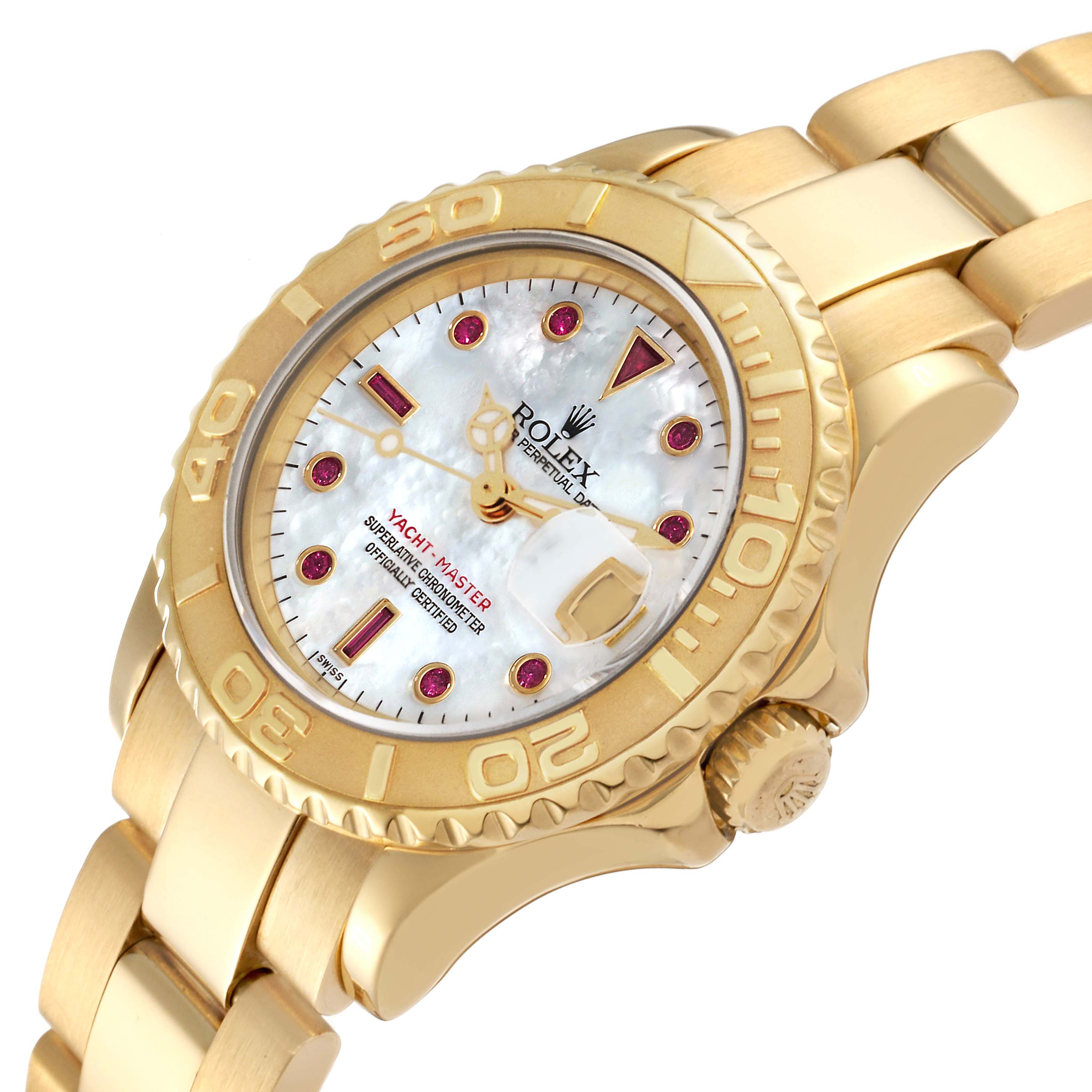 This Rolex Yacht-Master 169628 Women's Yellow Gold Mother of Pearl Dial 169628 Women's Yellow Gold Mother of Pearl Dial watch is shown at an angle highlighting its face, bezel, and part of the bracelet.